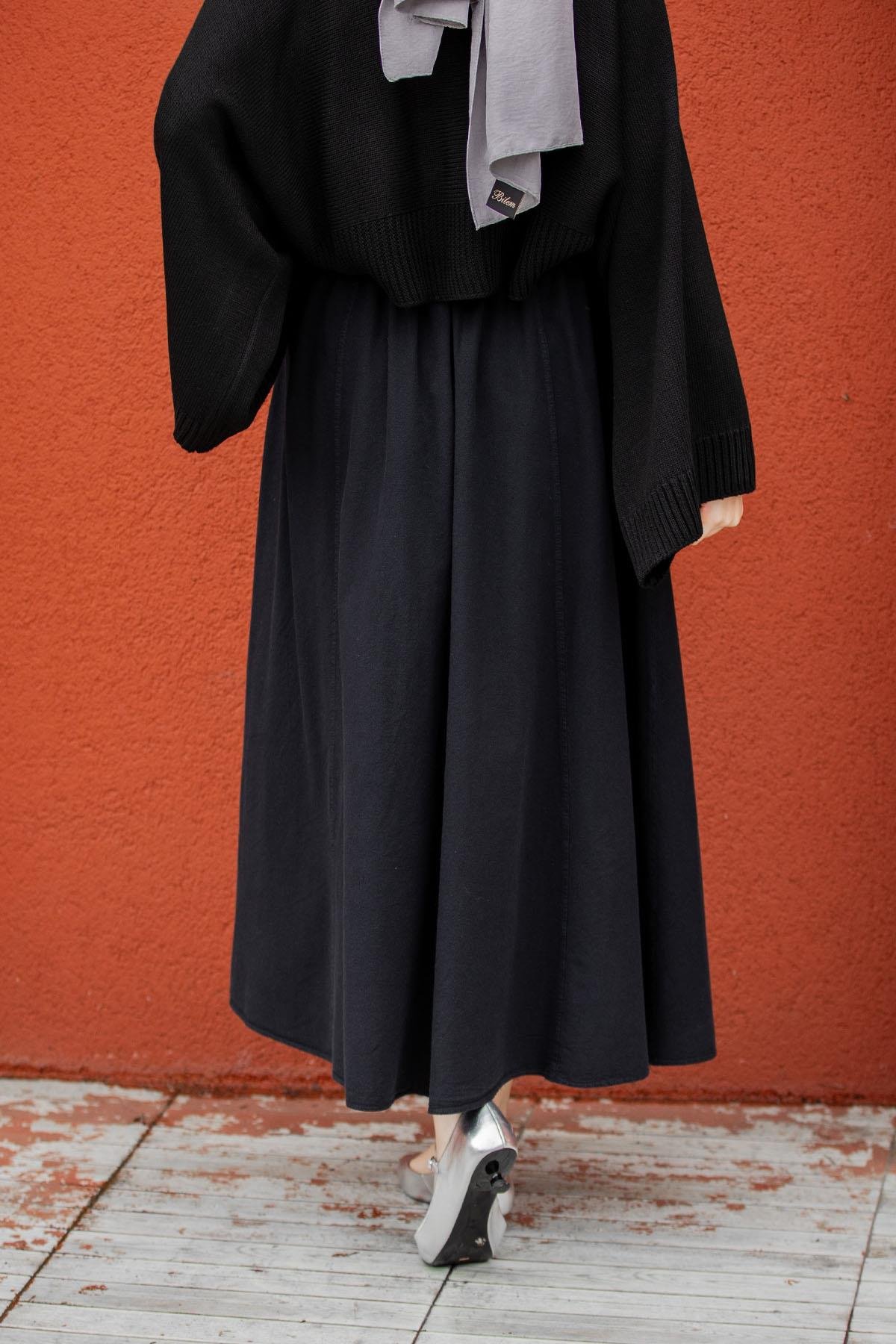 Kot Görünümlü Yıkamalı Pamuk Keten Etek-Siyah