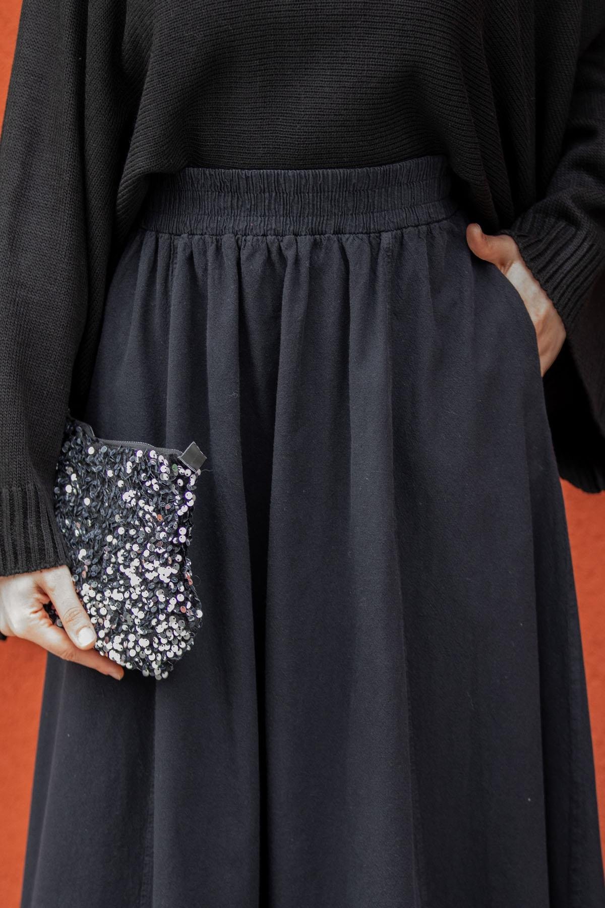 Kot Görünümlü Yıkamalı Pamuk Keten Etek-Siyah