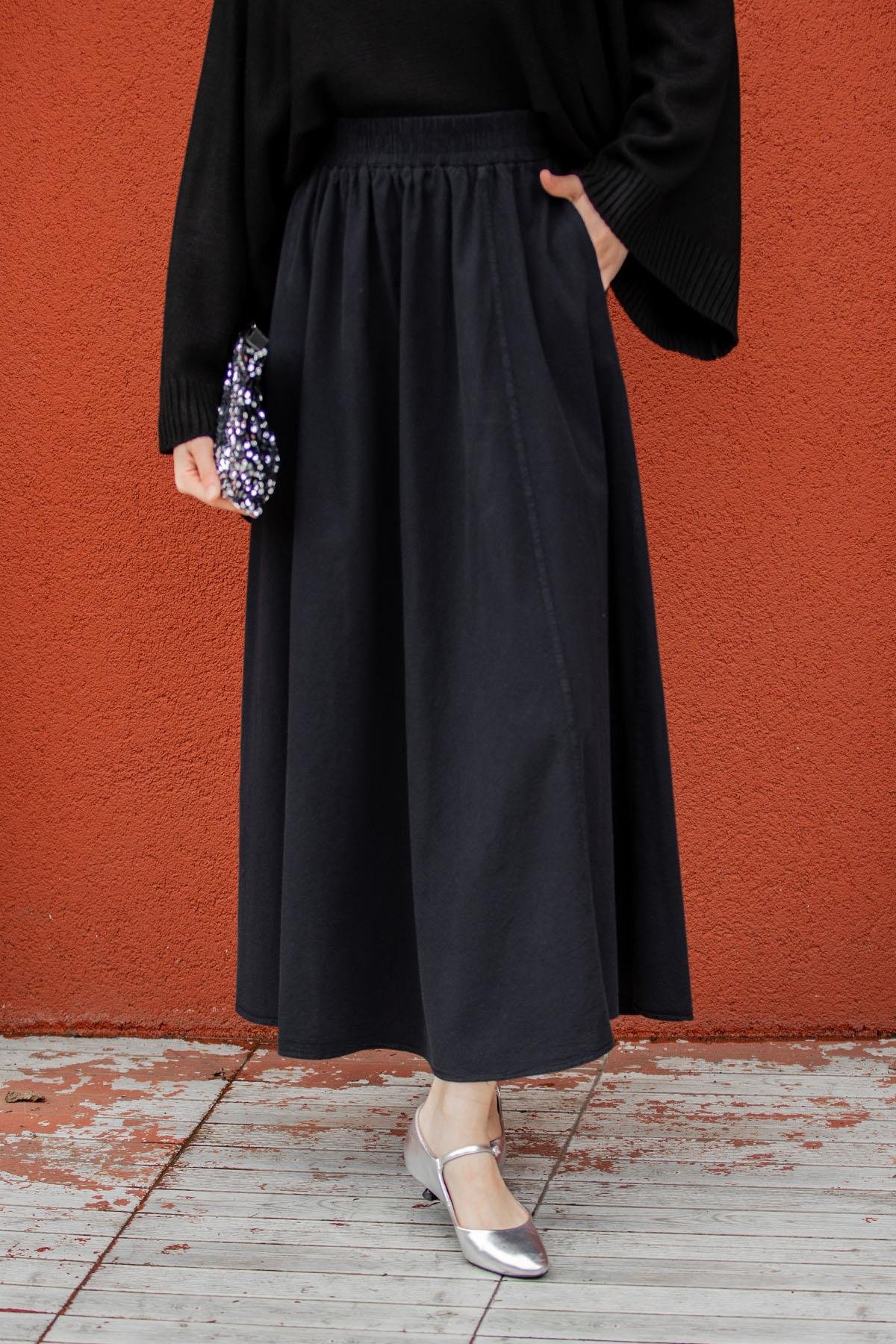 Kot Görünümlü Yıkamalı Pamuk Keten Etek-Siyah