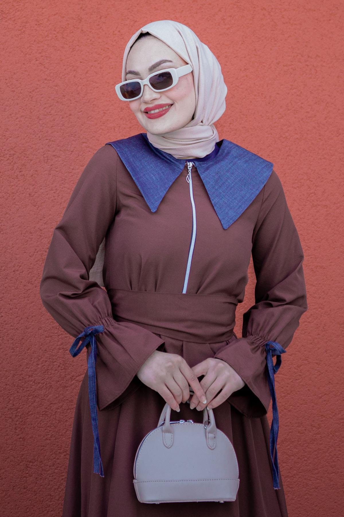Kot Yaka detaylı Poplin Elbise-Kahve