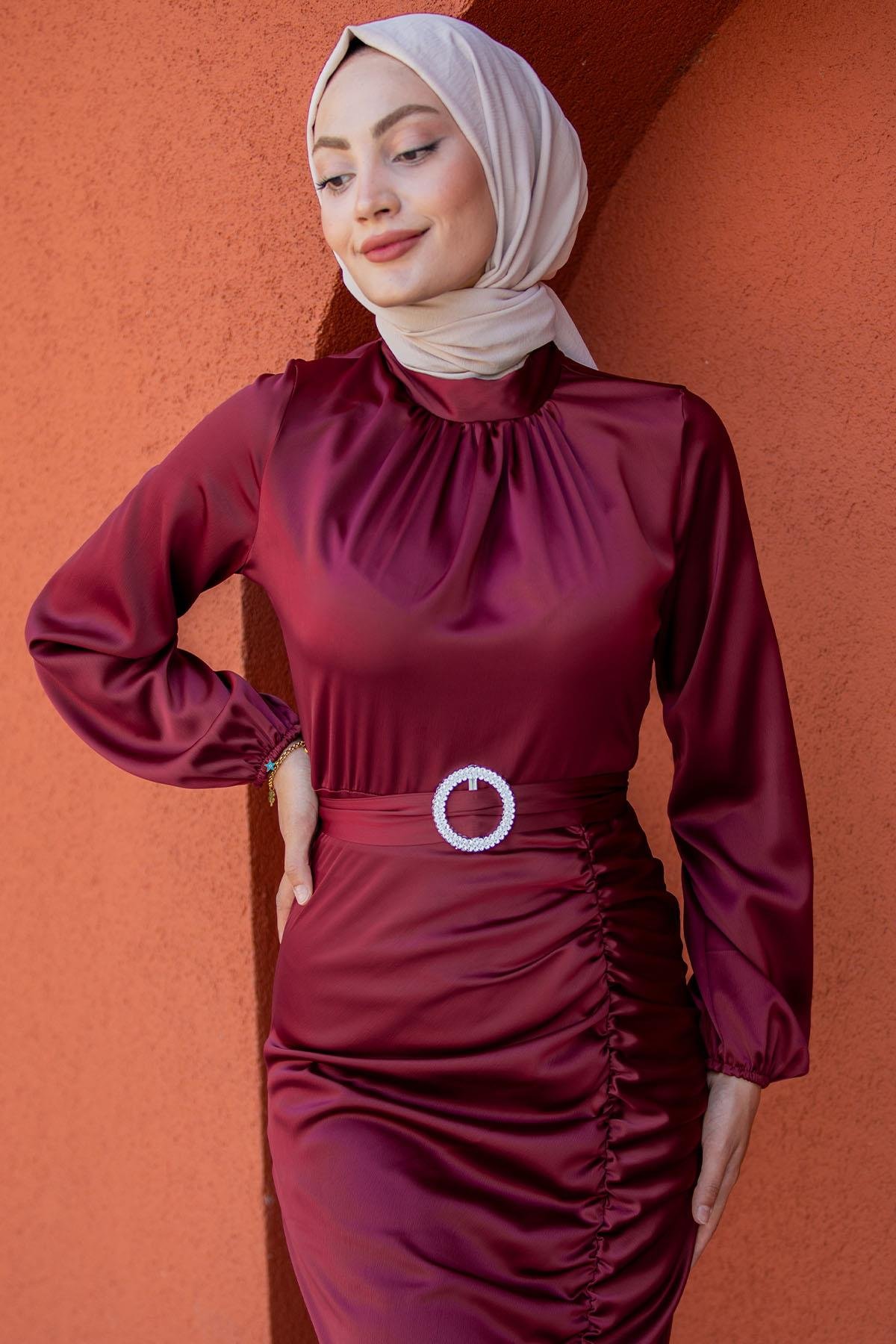 Kuğu Asetat Saten Abiye Elbise-Bordo