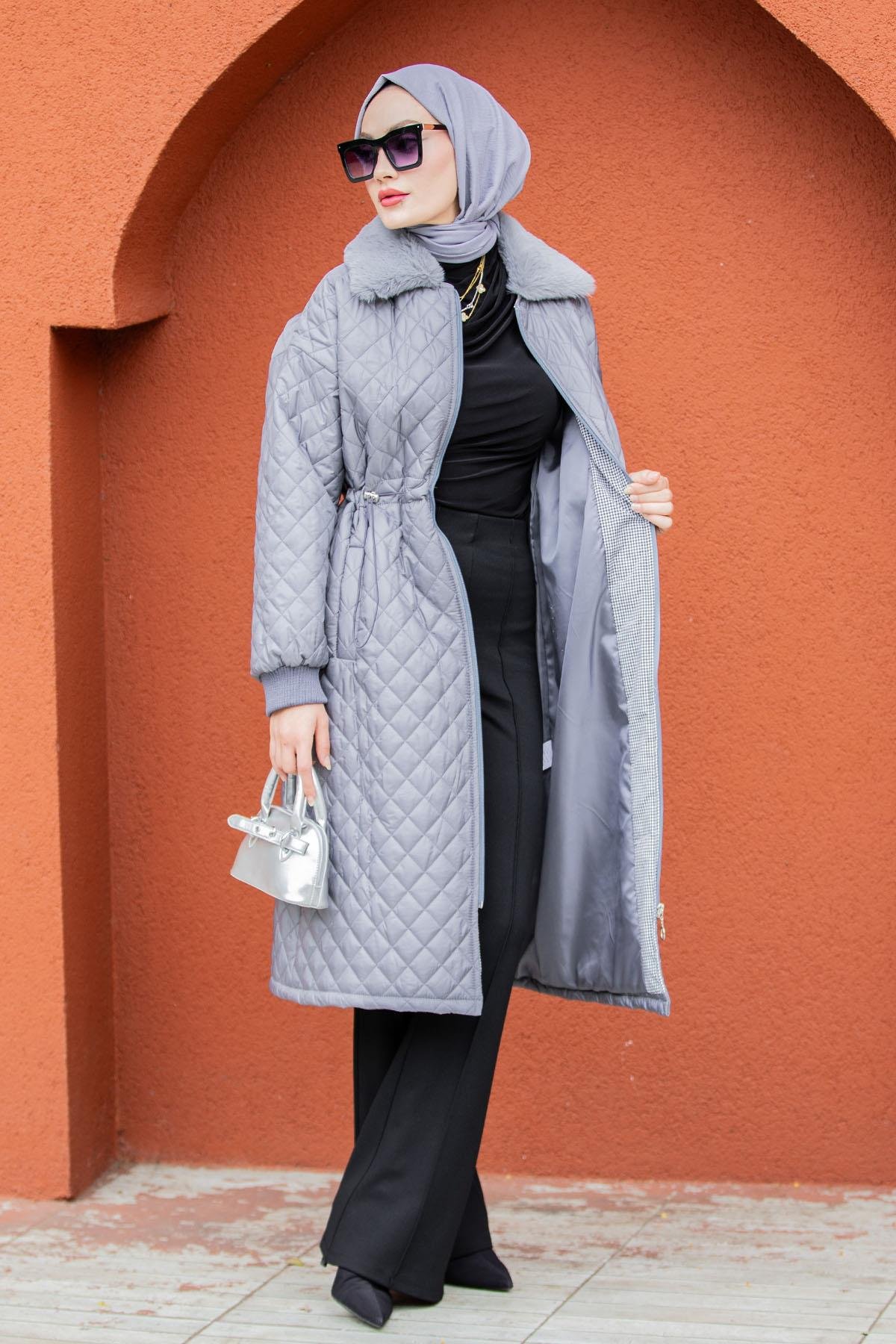 Kürk Yakalı Kapitone Kaban-Gri