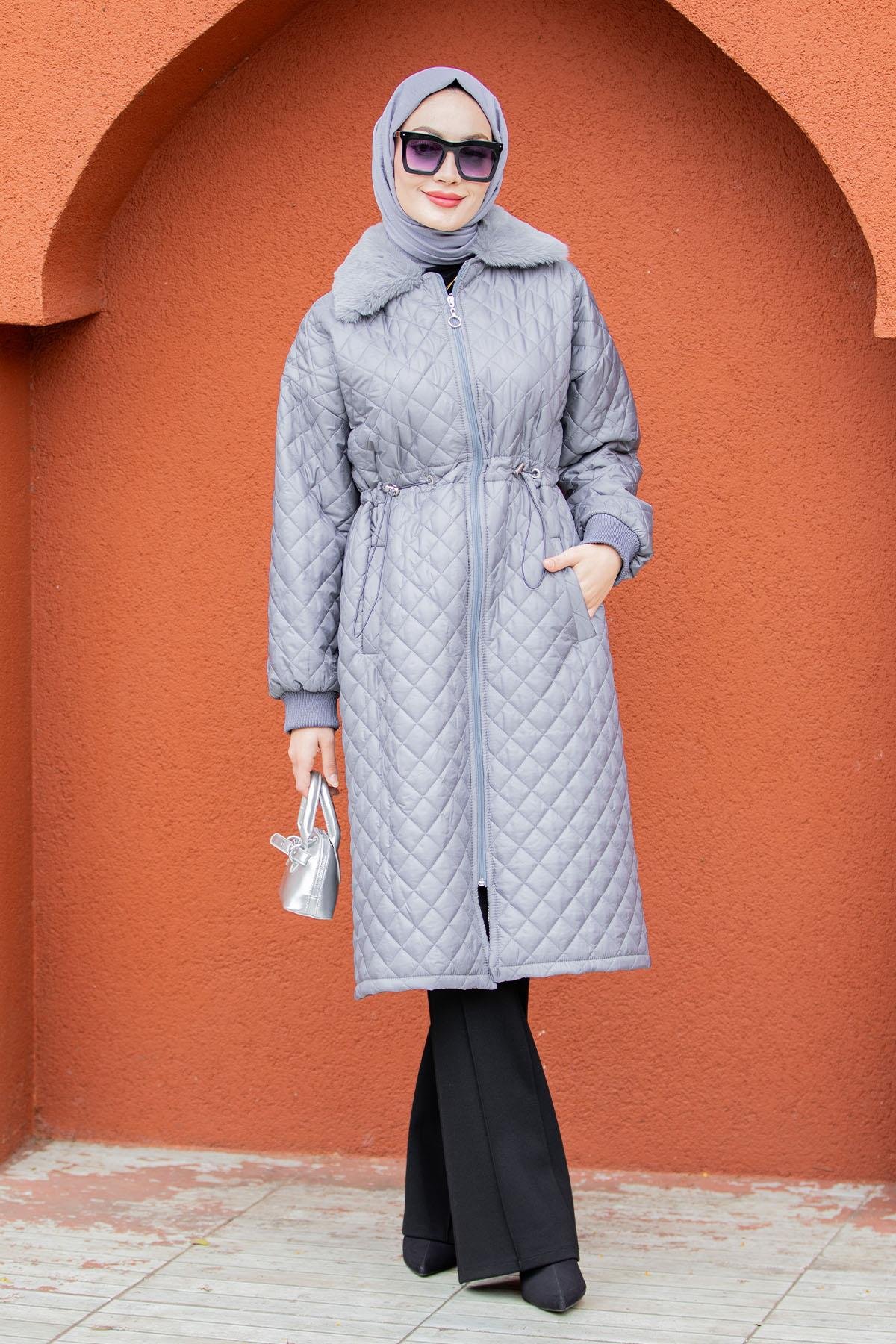 Kürk Yakalı Kapitone Kaban-Gri