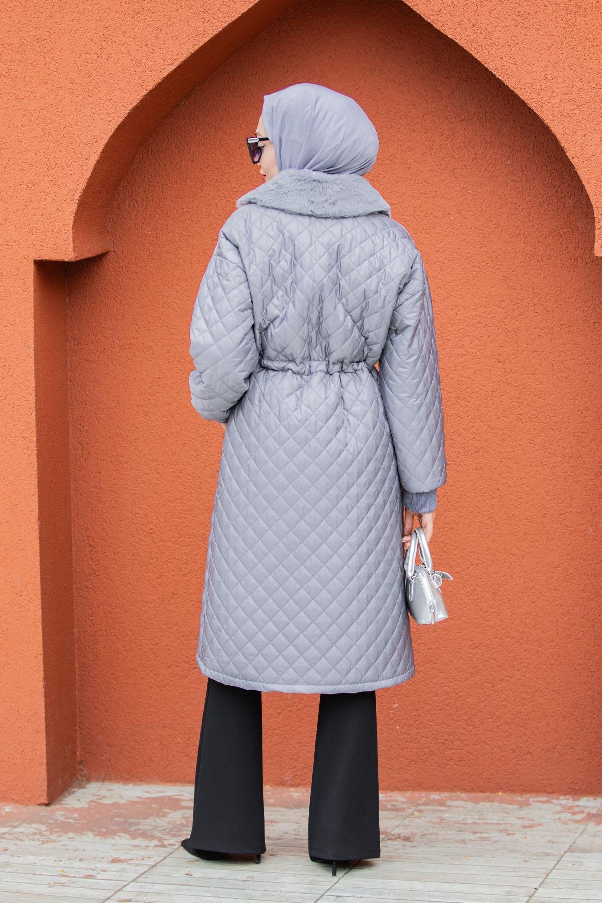 Kürk Yakalı Kapitone Kaban-Gri