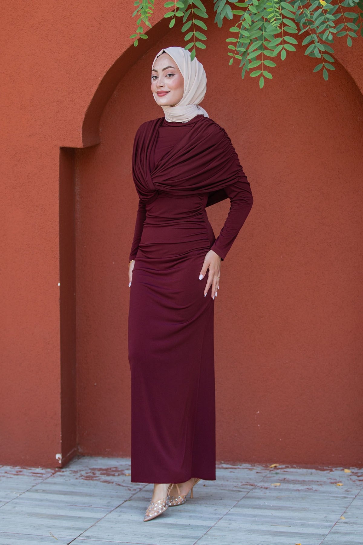 Lafia Sandy Drape Tesettür Abiye-Bordo