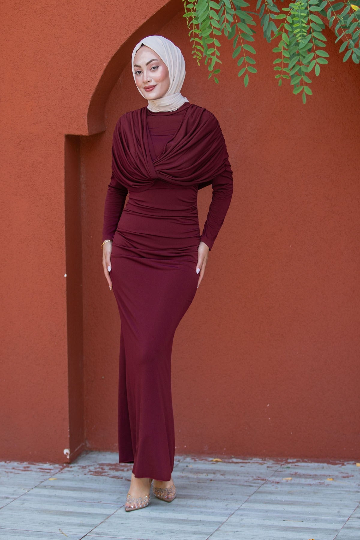 Lafia Sandy Drape Tesettür Abiye-Bordo
