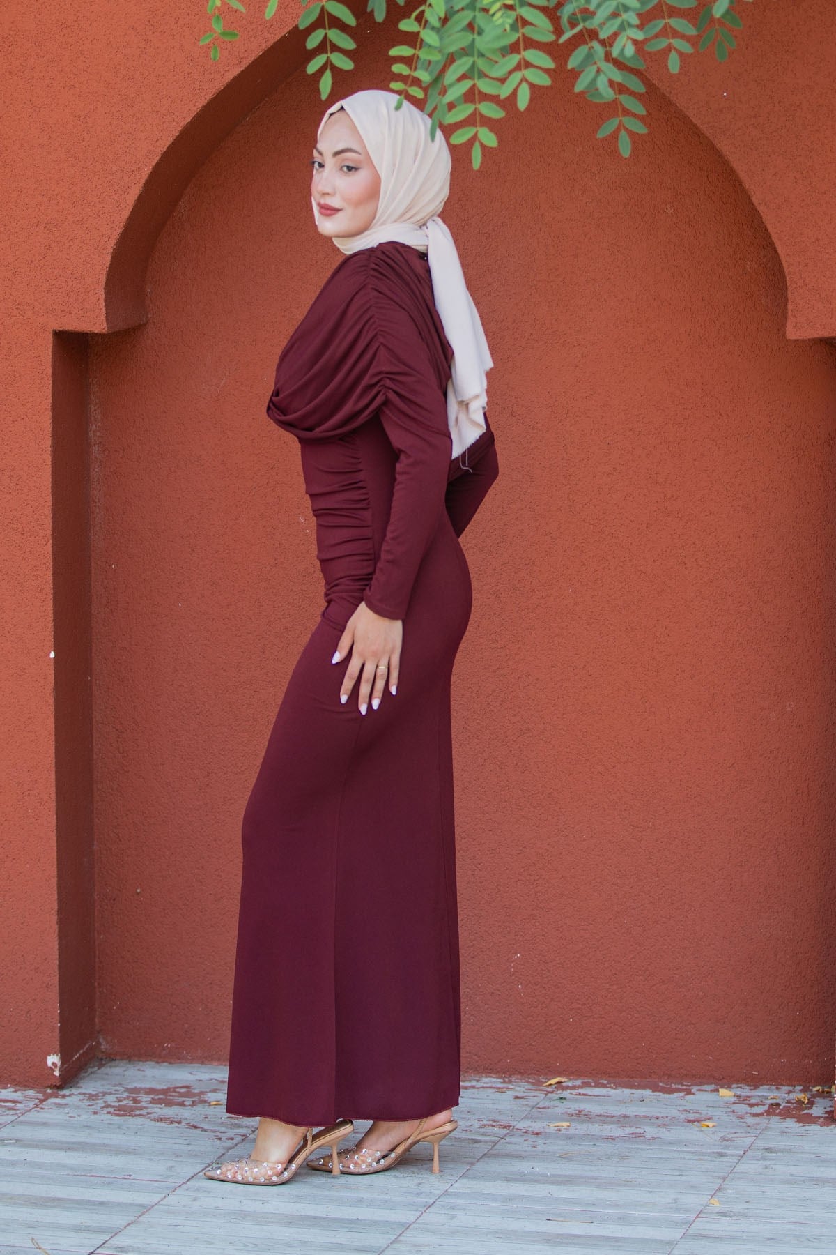 Lafia Sandy Drape Tesettür Abiye-Bordo