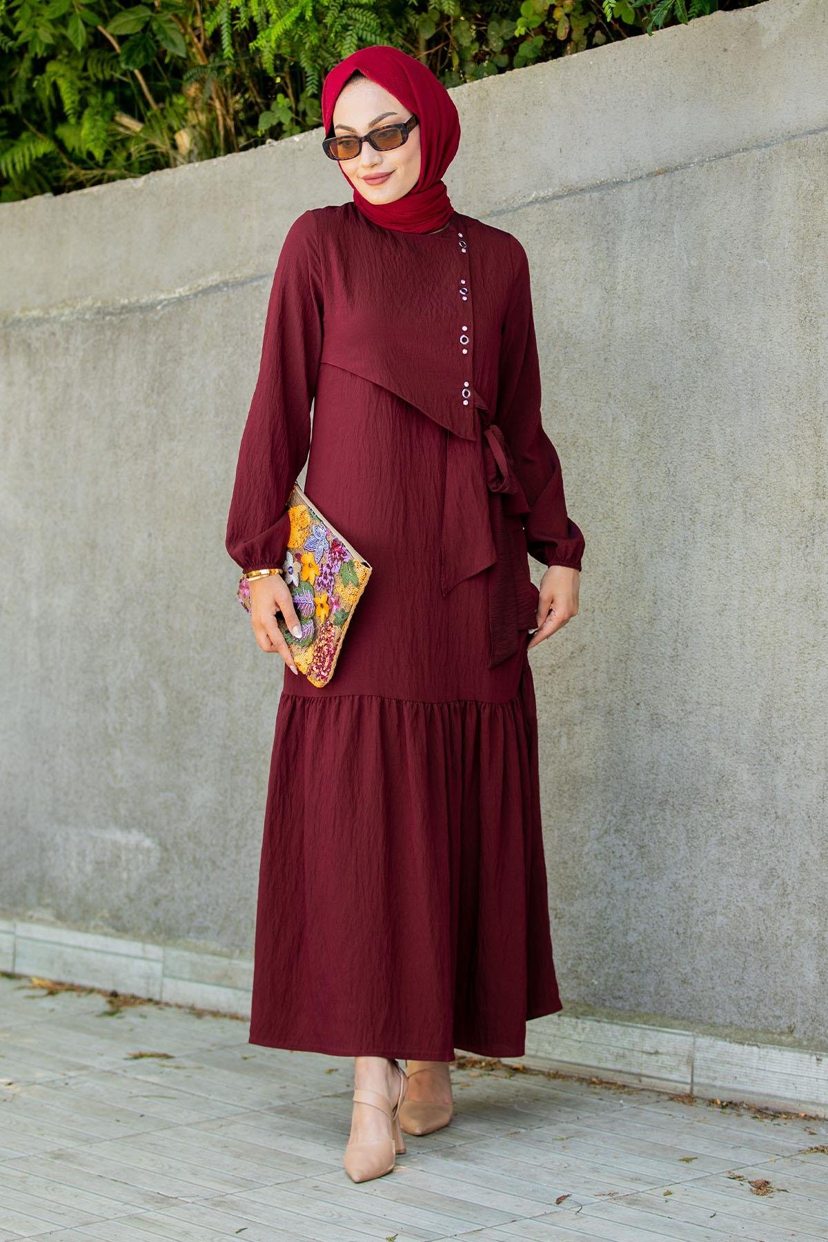 Lara Model İpek Krep Elbise-Bordo