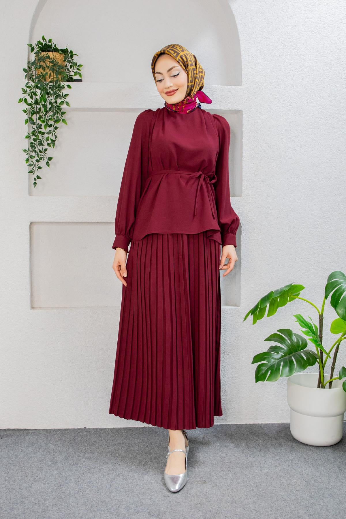 Leys Krep Bluz Etek Takım-Bordo