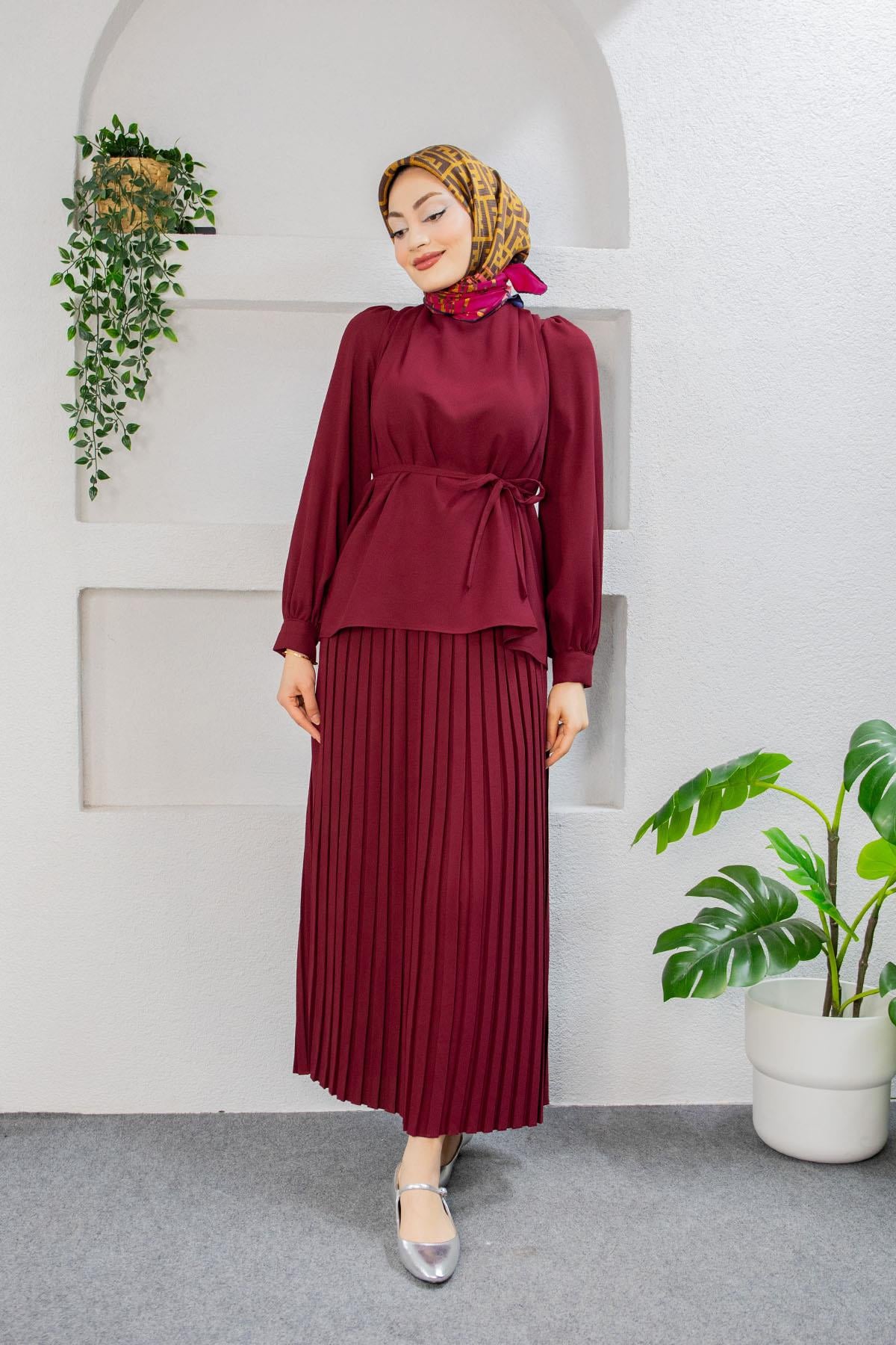 Leys Krep Bluz Etek Takım-Bordo