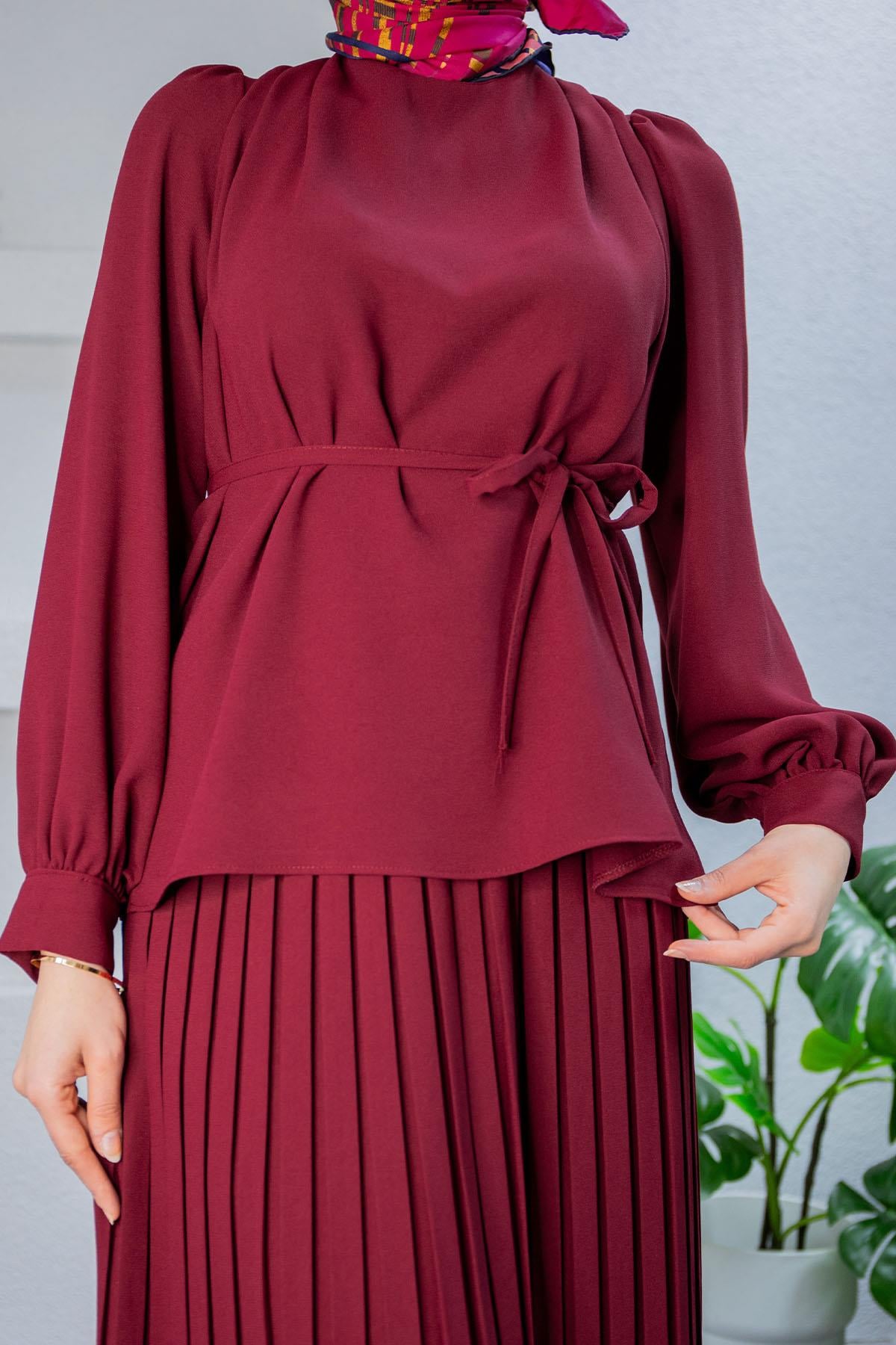 Leys Krep Bluz Etek Takım-Bordo