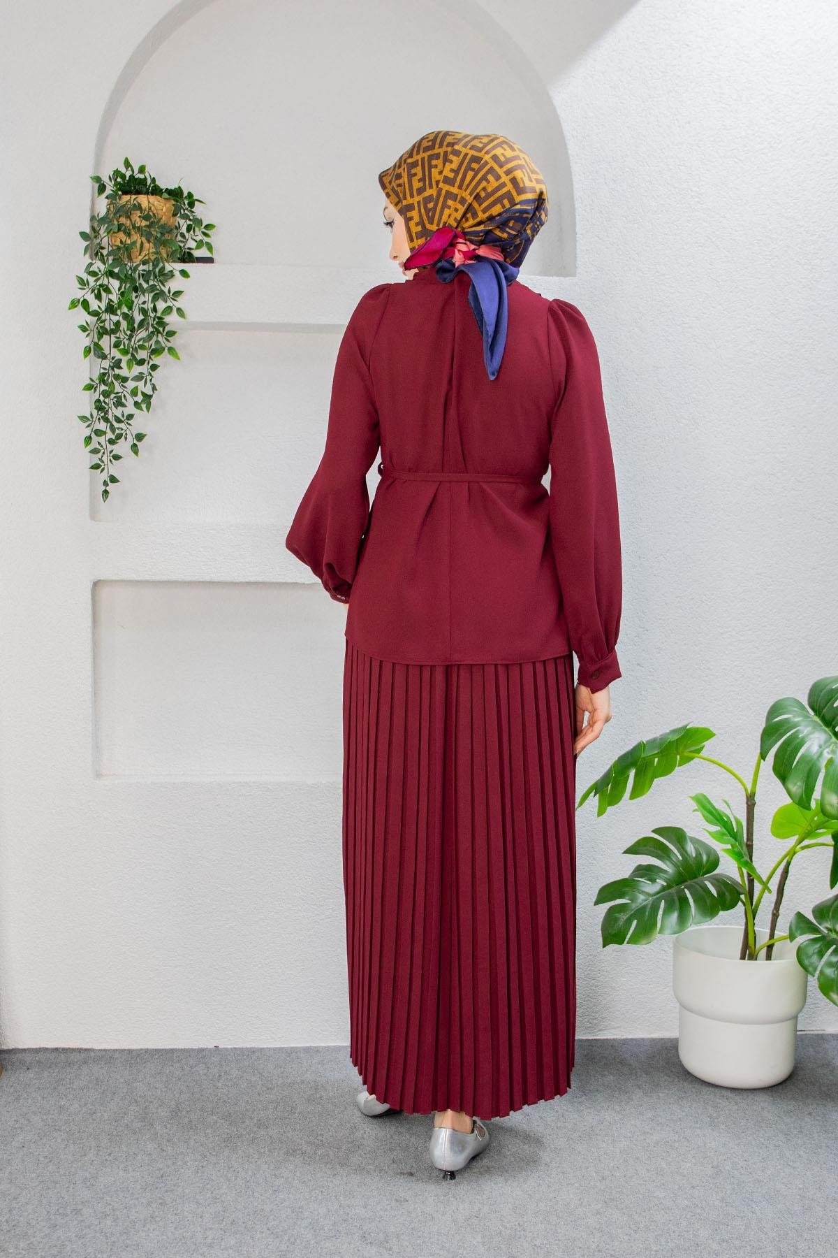 Leys Krep Bluz Etek Takım-Bordo