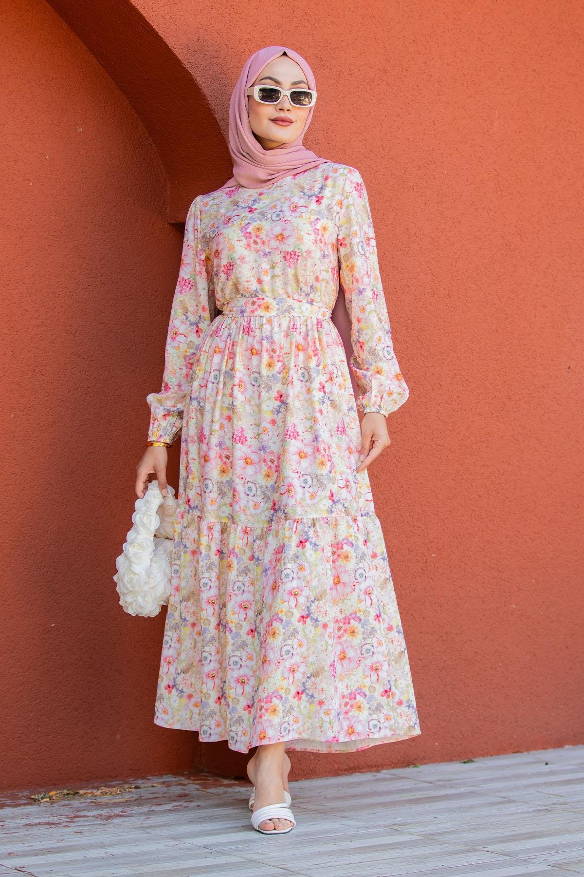 Lidy Çiçekli Desen Yazlık Elbise-Pembe