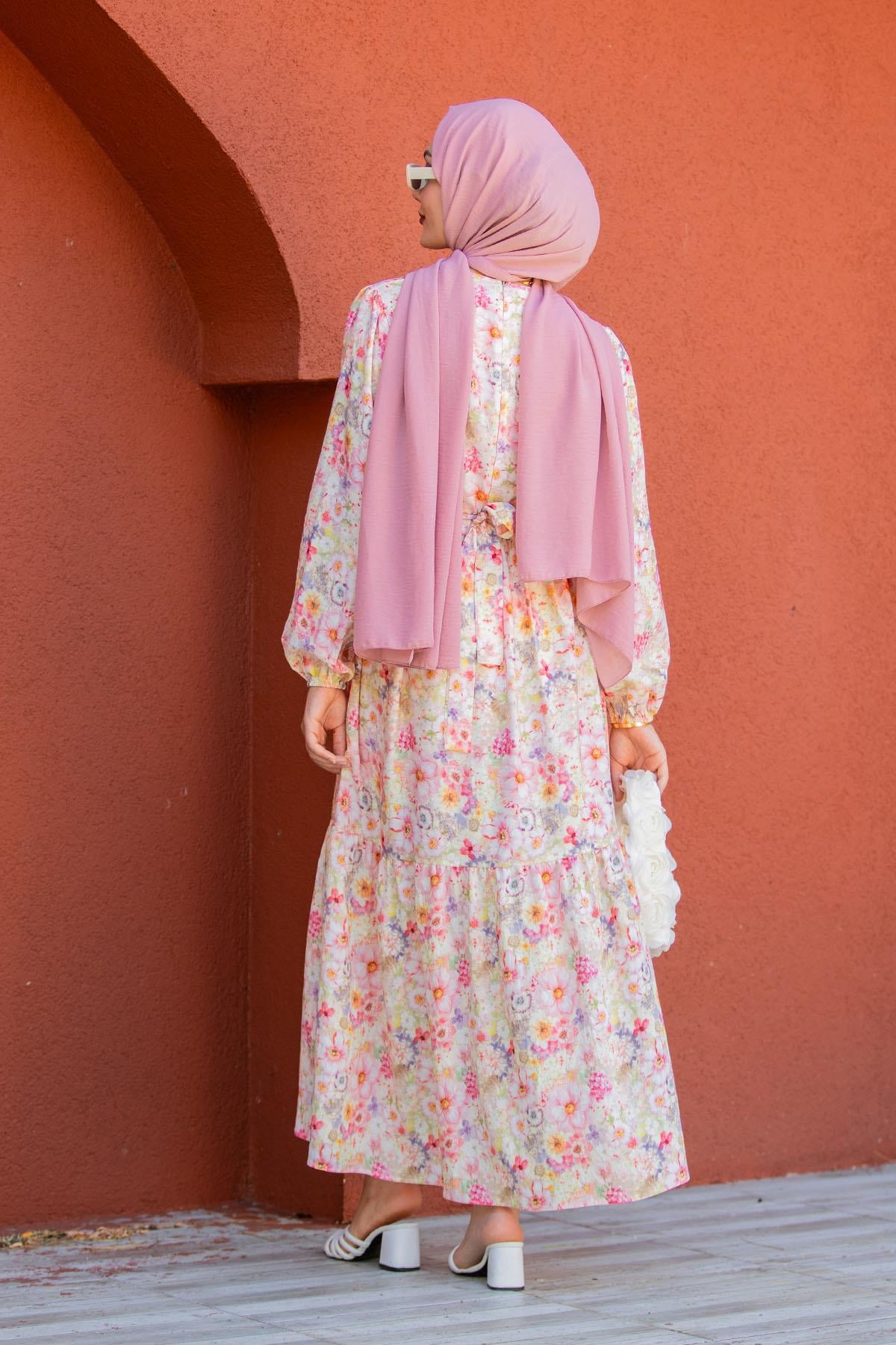 Lidy Çiçekli Desen Yazlık Elbise-Pembe