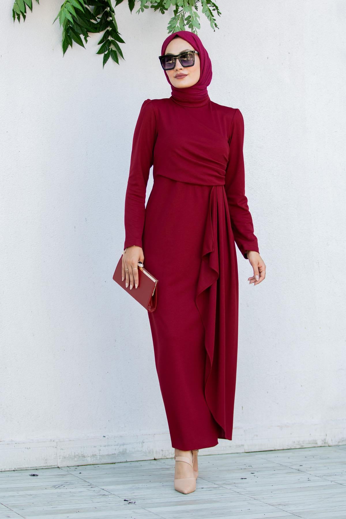 Lily Drape Pile Özel Gün Elbisesi-Bordo