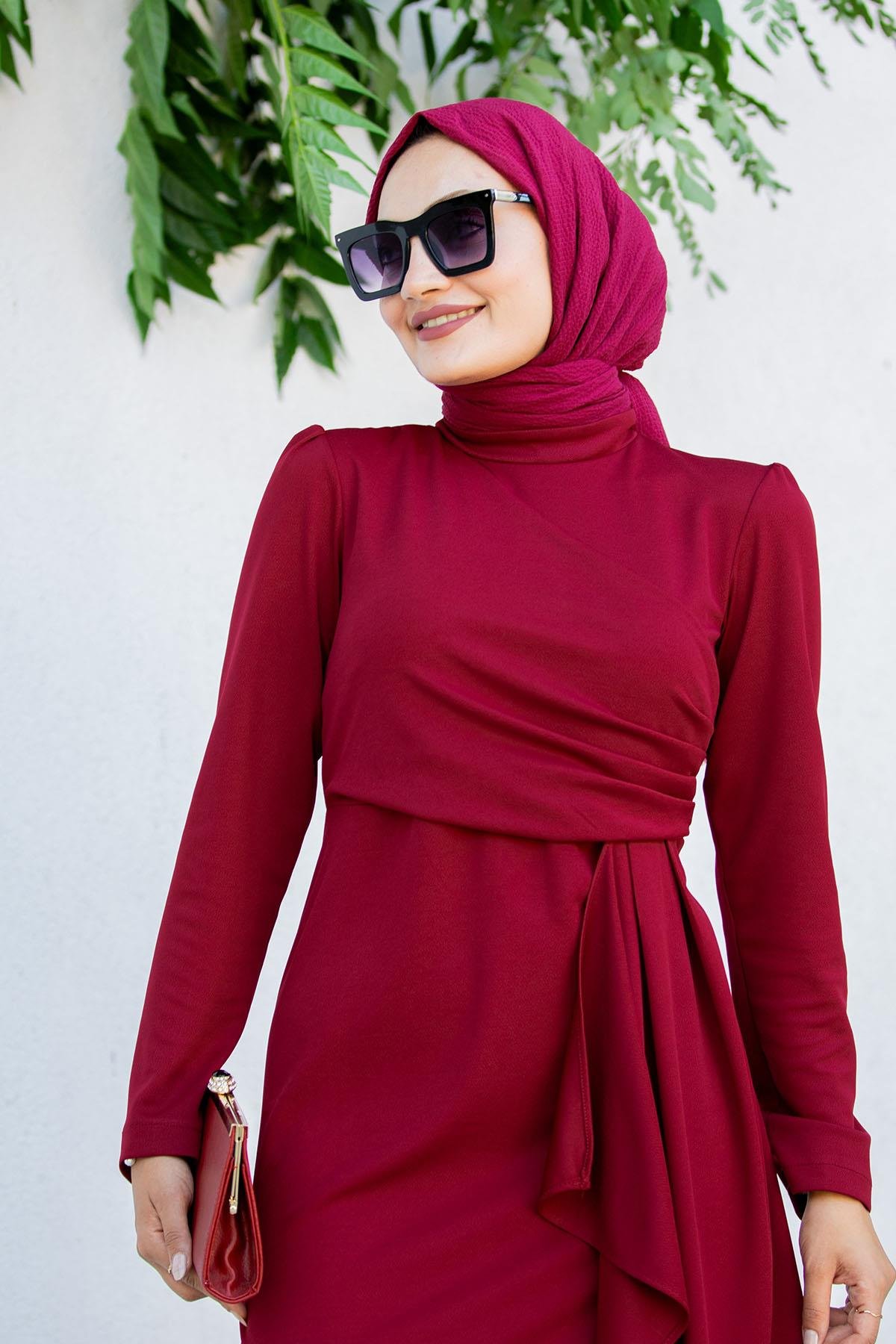 Lily Drape Pile Özel Gün Elbisesi-Bordo