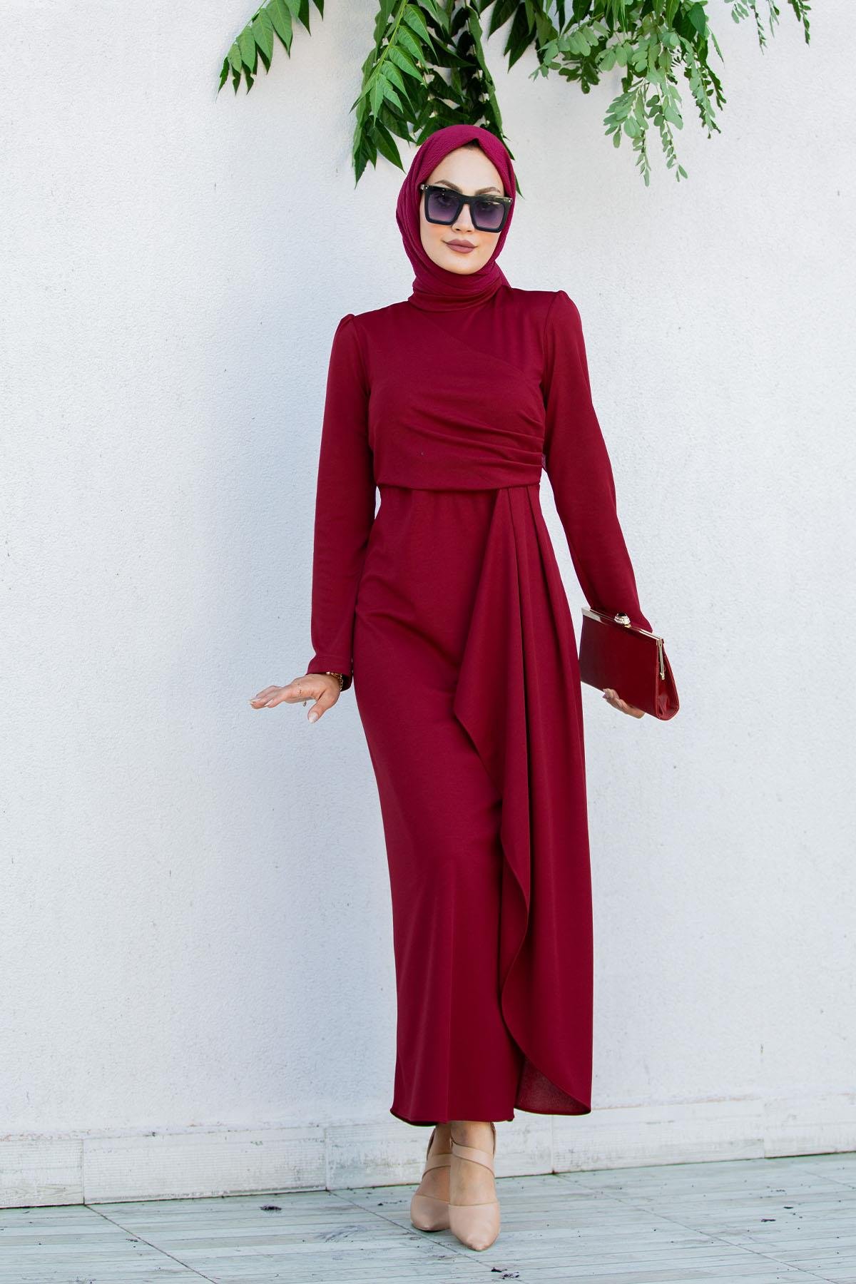 Lily Drape Pile Özel Gün Elbisesi-Bordo