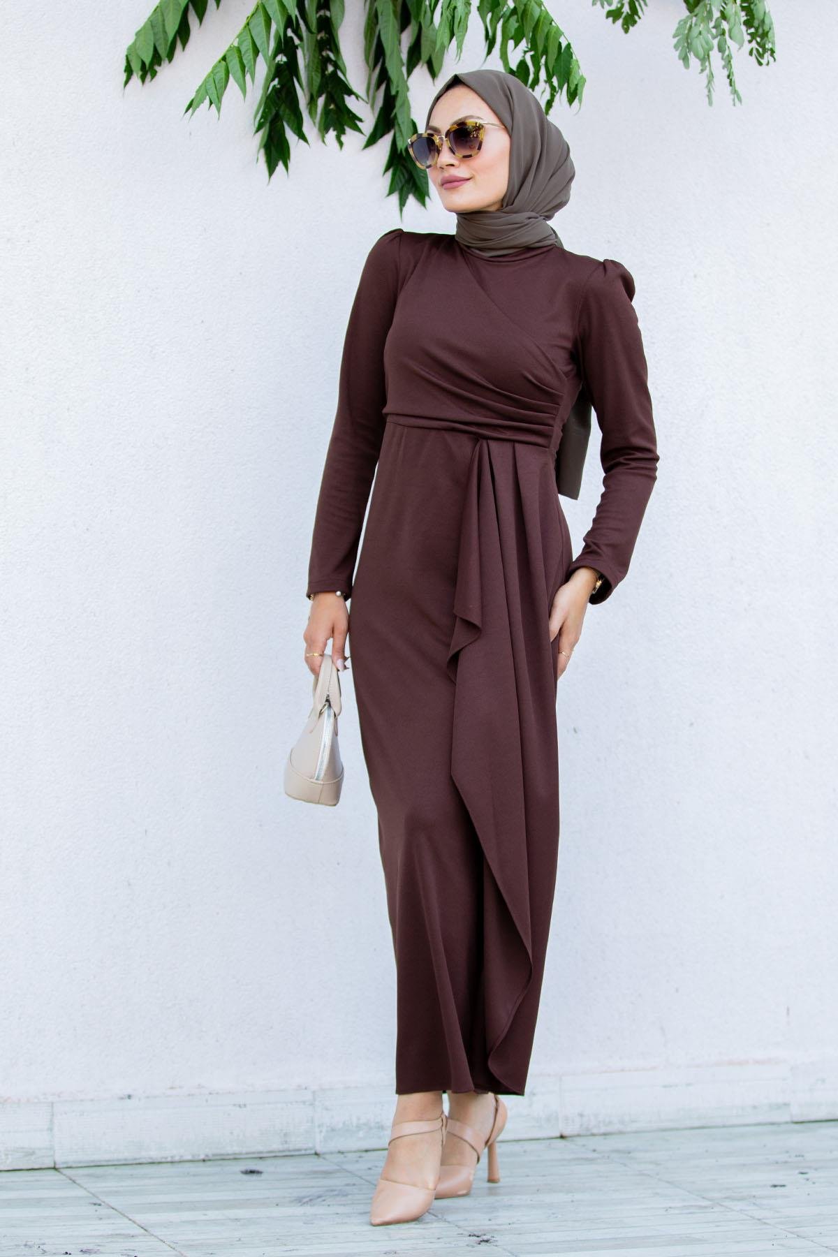 Lily Drape Pile Özel Gün Elbisesi-Kahve