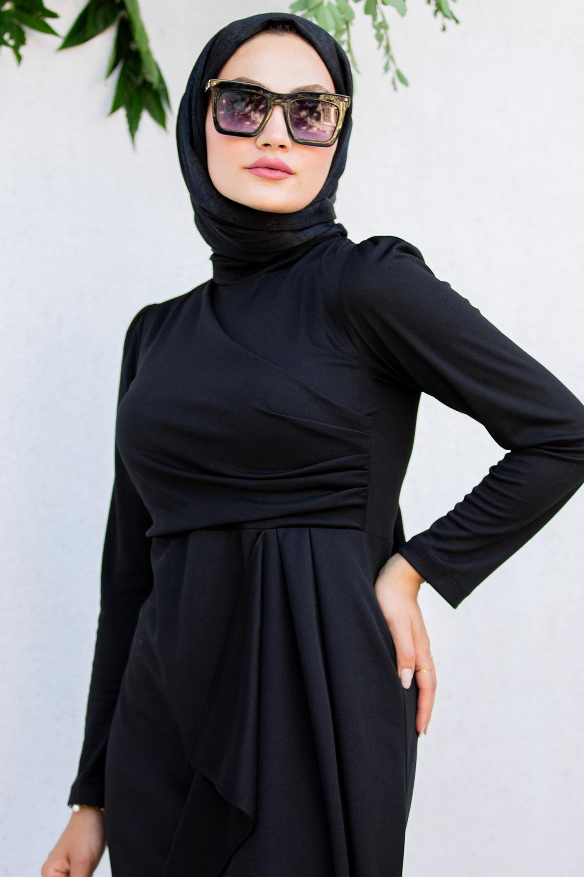 Lily Drape Pile Özel Gün Elbisesi-Siyah