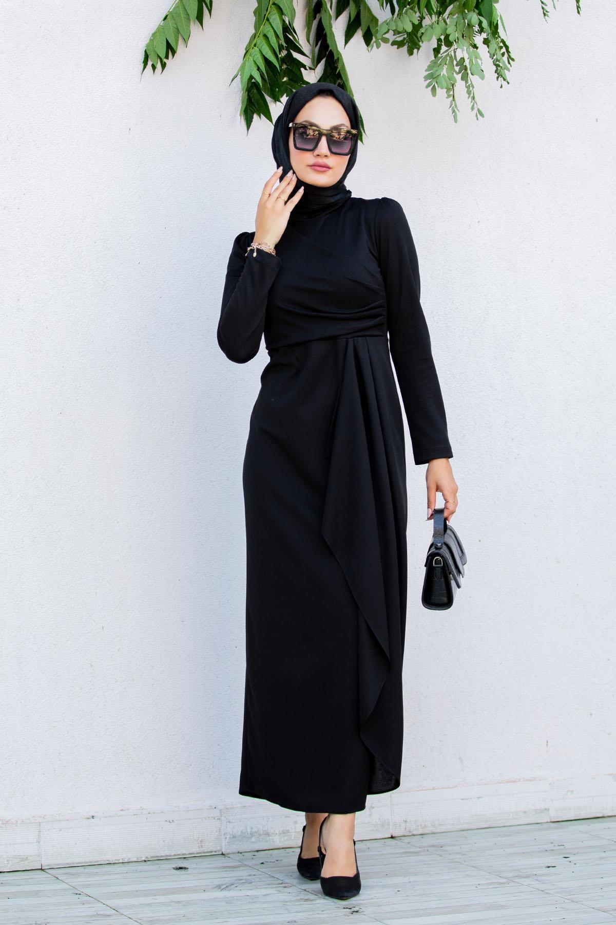 Lily Drape Pile Özel Gün Elbisesi-Siyah