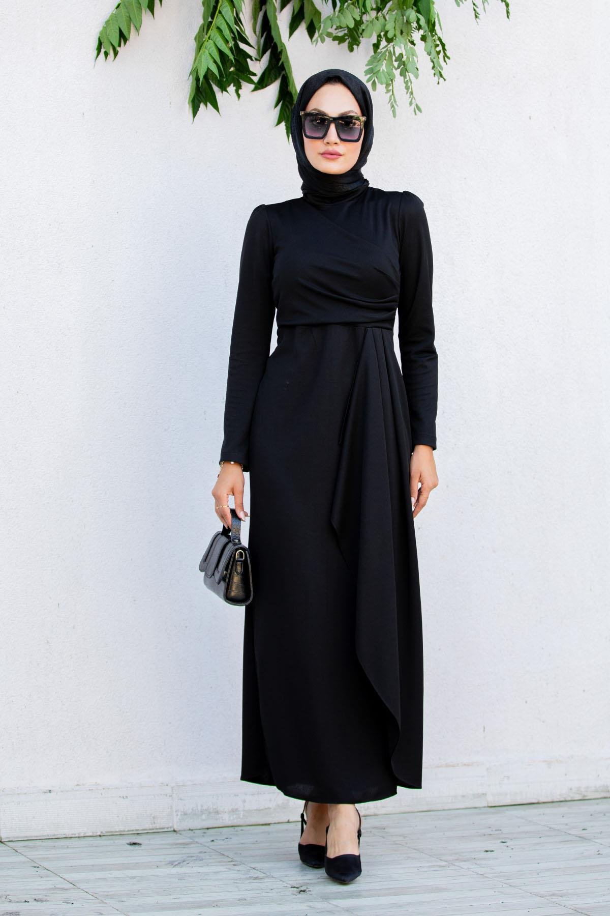 Lily Drape Pile Özel Gün Elbisesi-Siyah