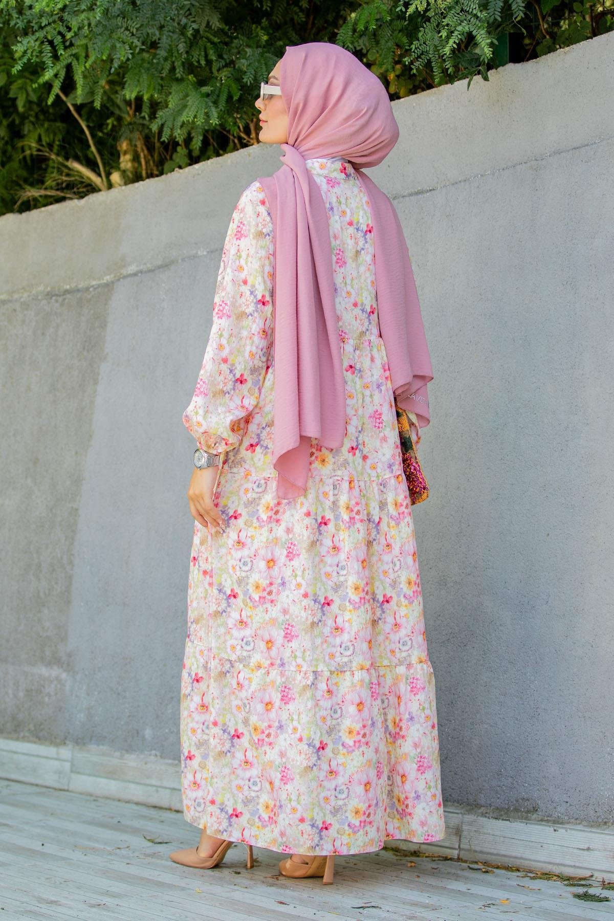 Lilyum Desenli Relax Yaz Elbise-Pembe