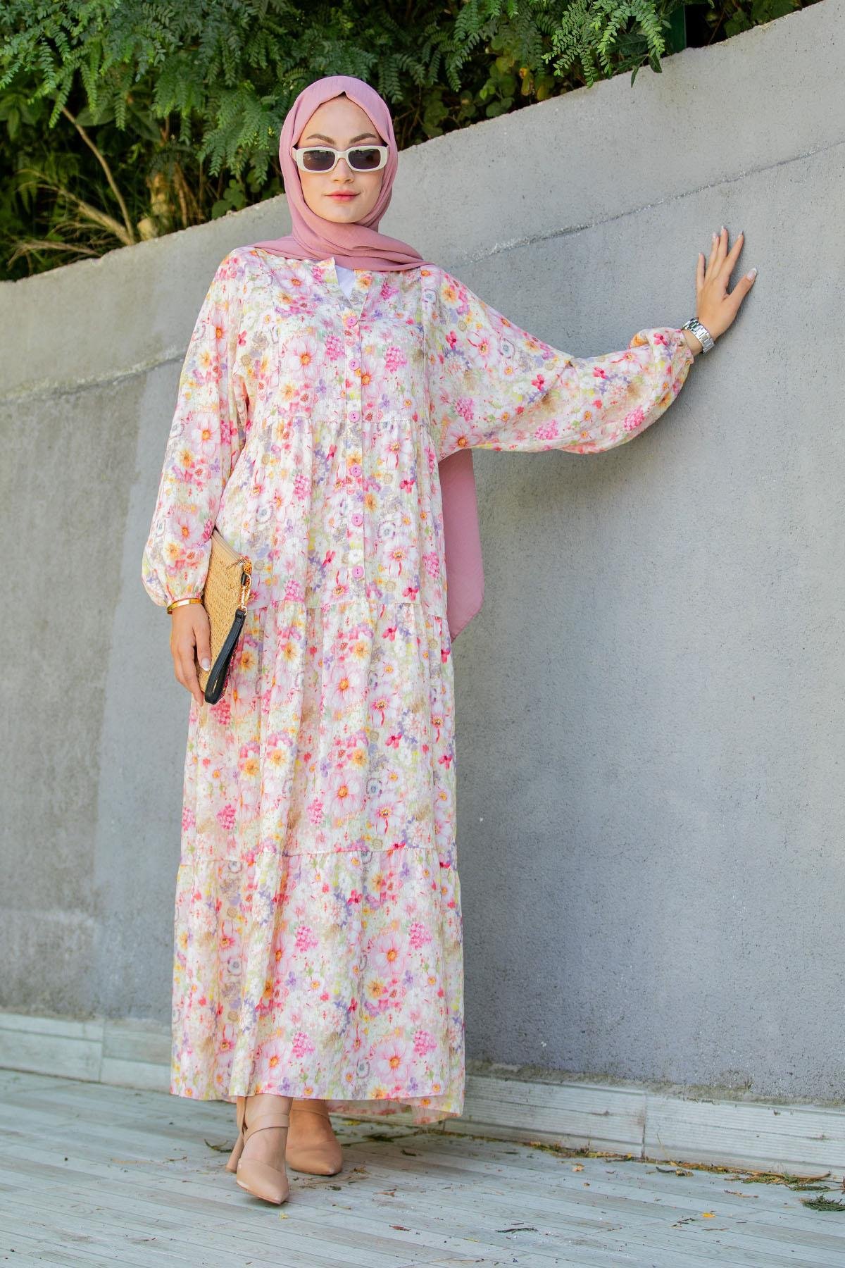 Lilyum Desenli Relax Yaz Elbise-Pembe