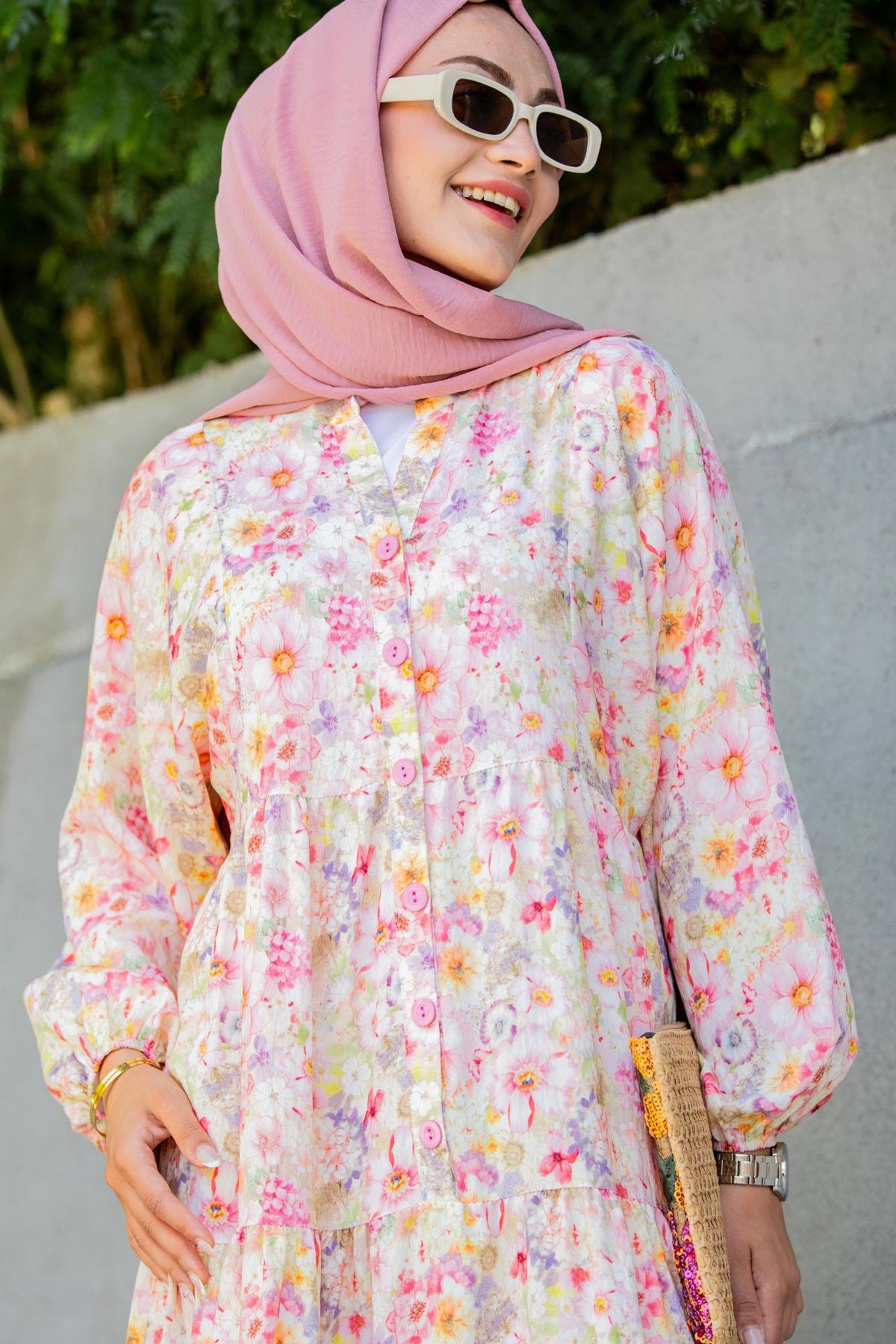 Lilyum Desenli Relax Yaz Elbise-Pembe
