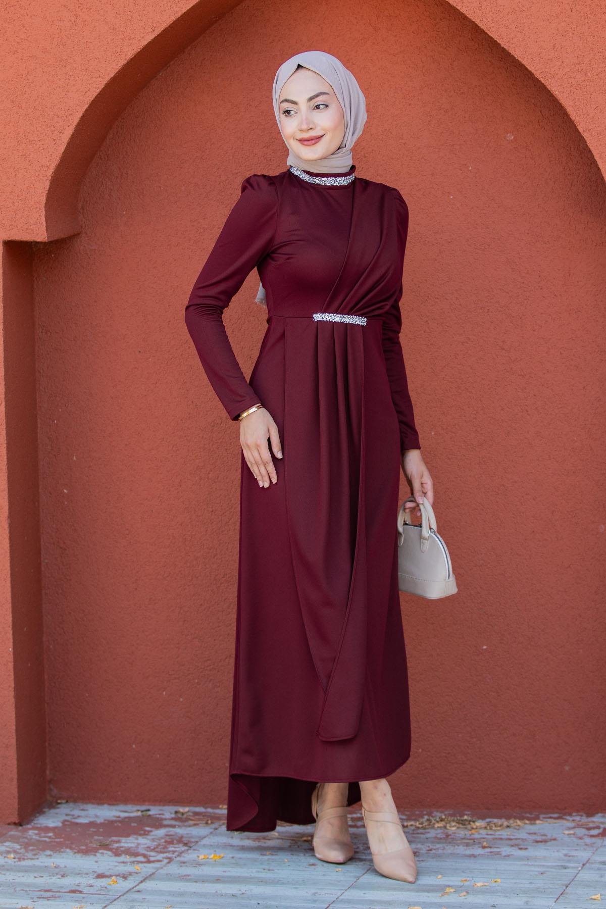 Lins Taş Detaylı Özel Gün Elbise-Bordo