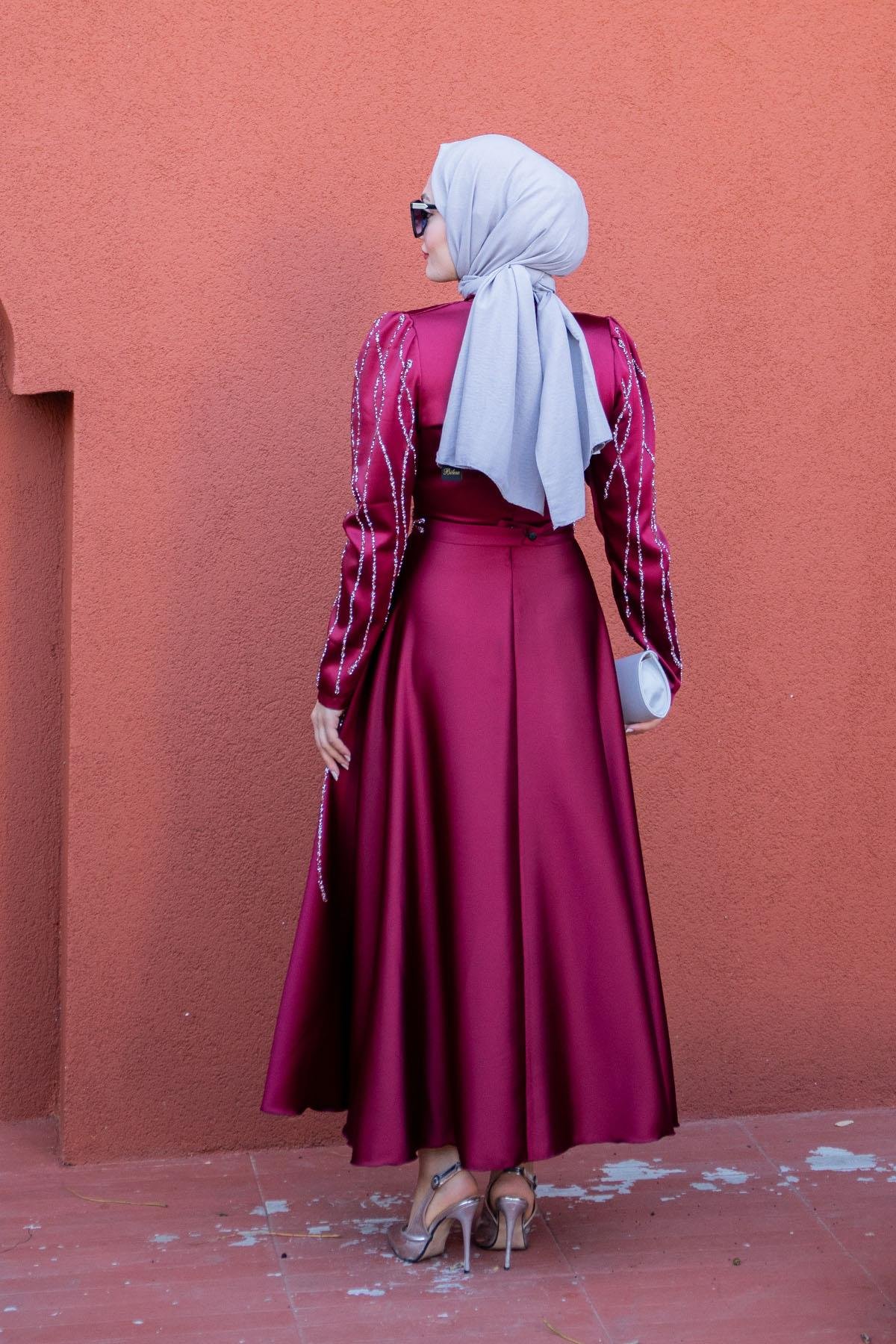 Lisa Taş Detaylı Saten Abiye-Bordo