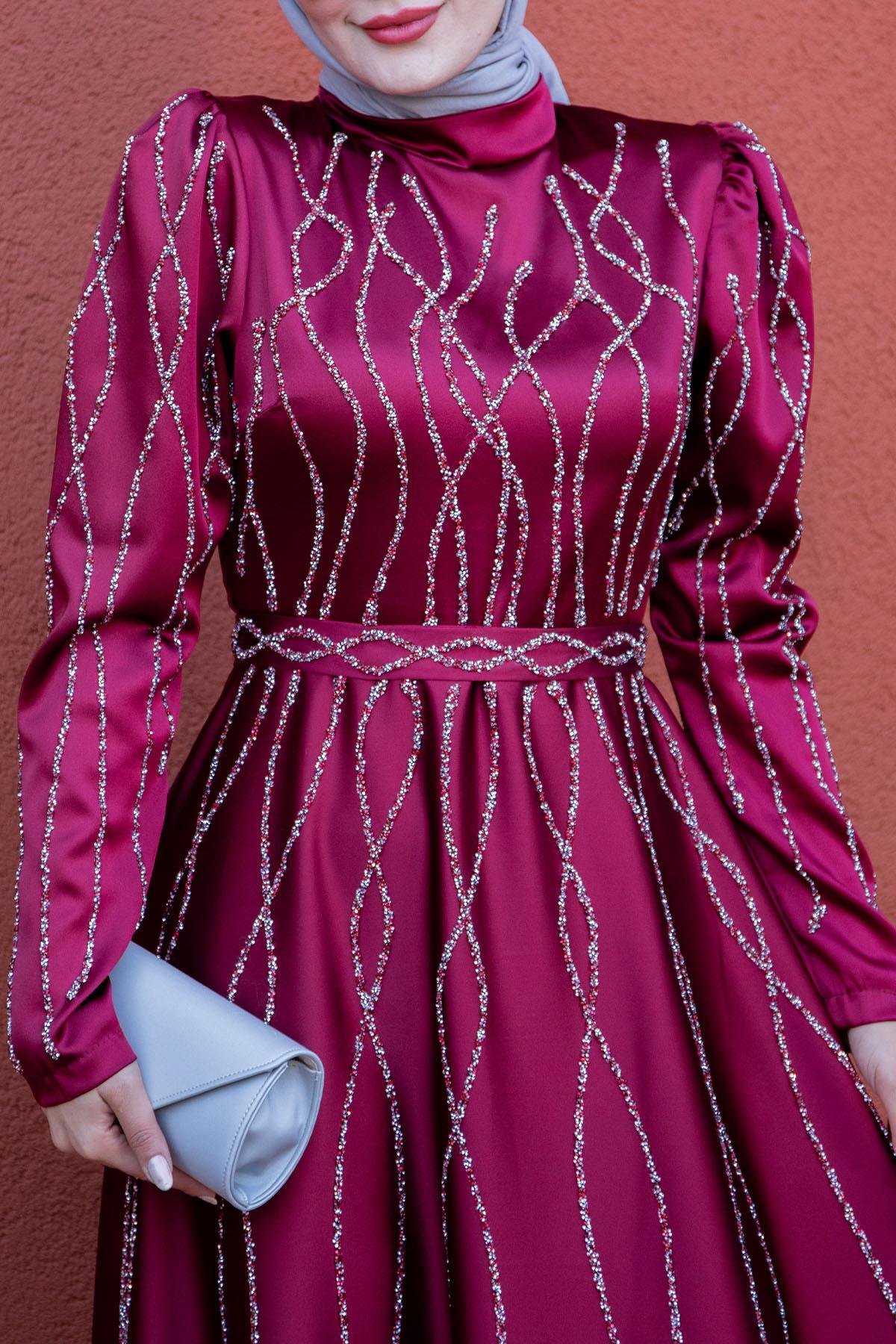 Lisa Taş Detaylı Saten Abiye-Bordo