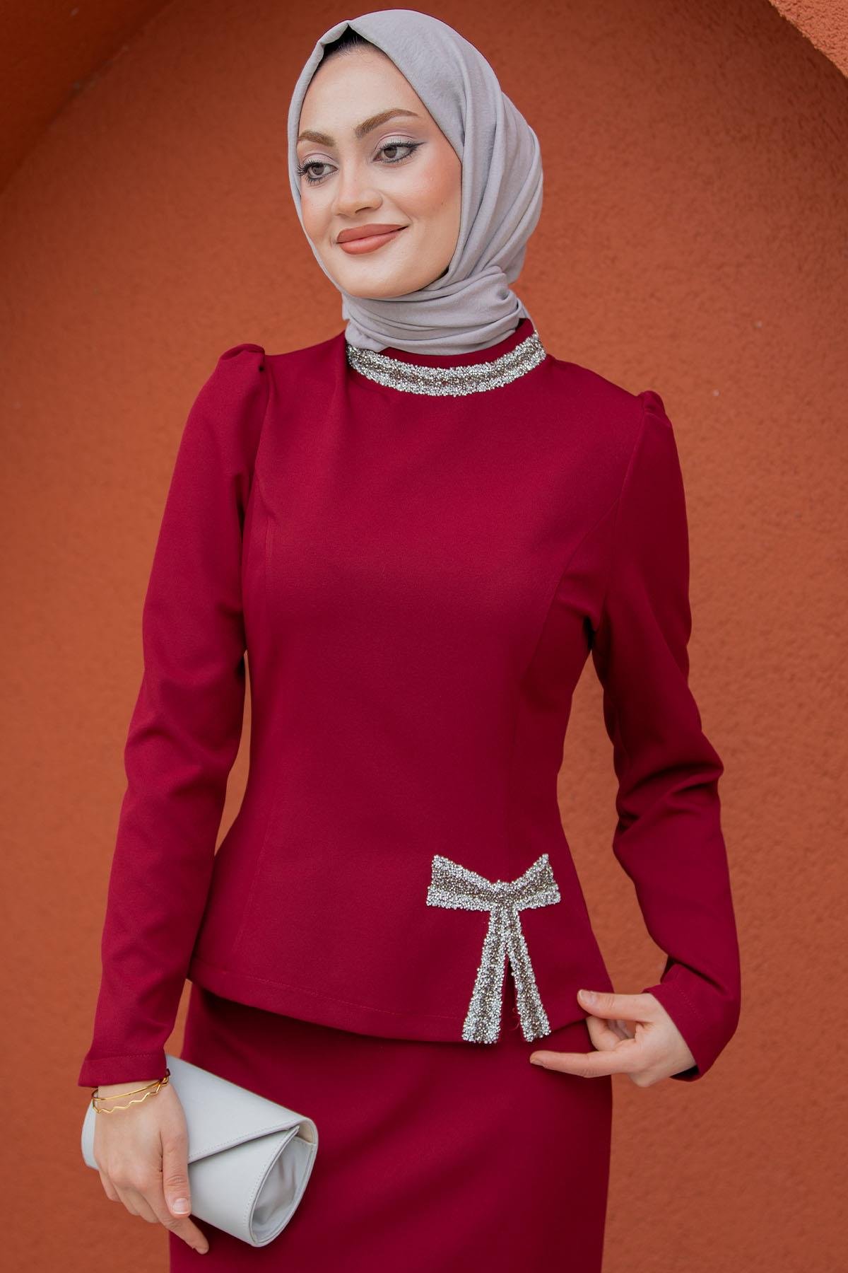 Low Fiyonk Etek Bluz Abiye Takım-Bordo