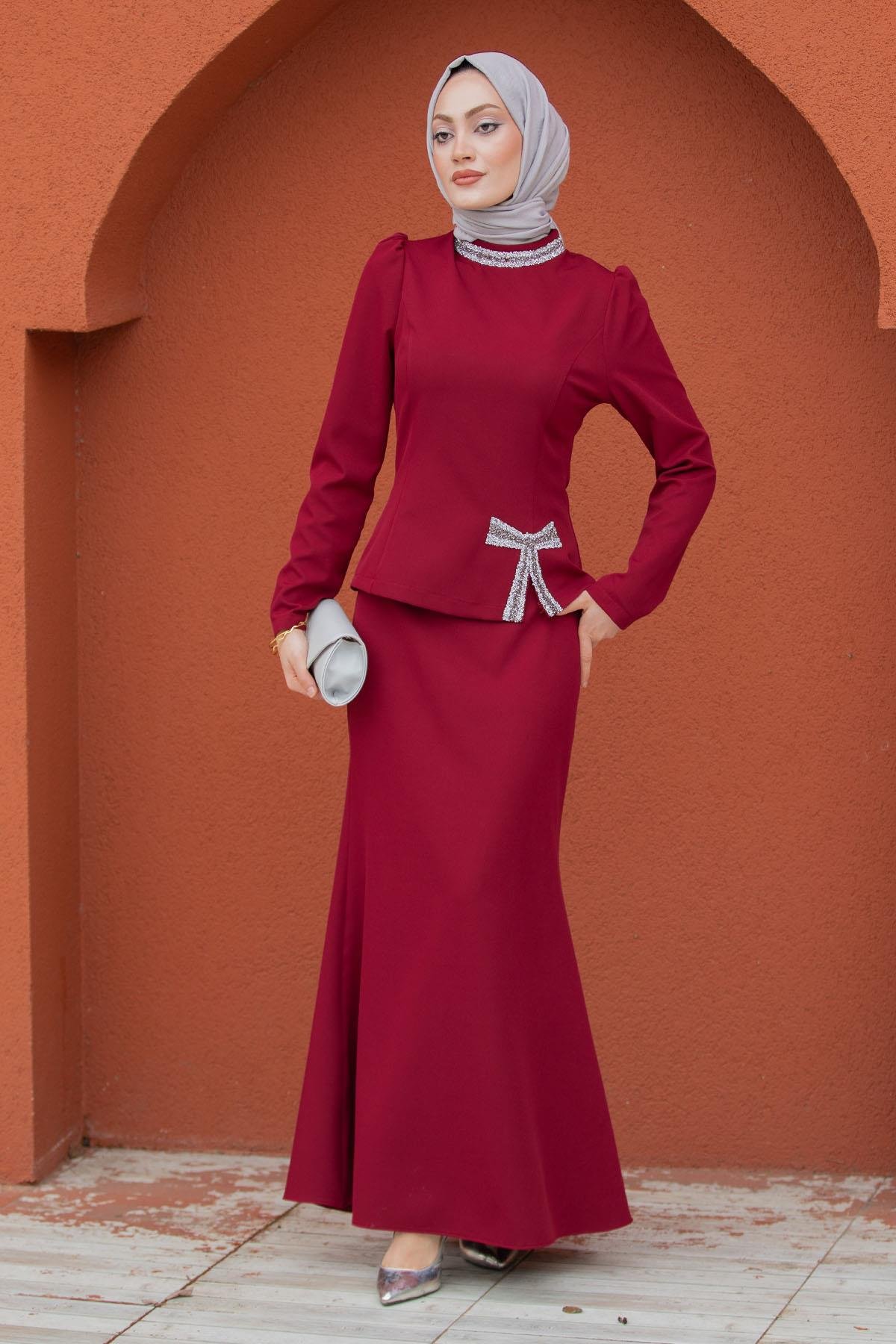 Low Fiyonk Etek Bluz Abiye Takım-Bordo