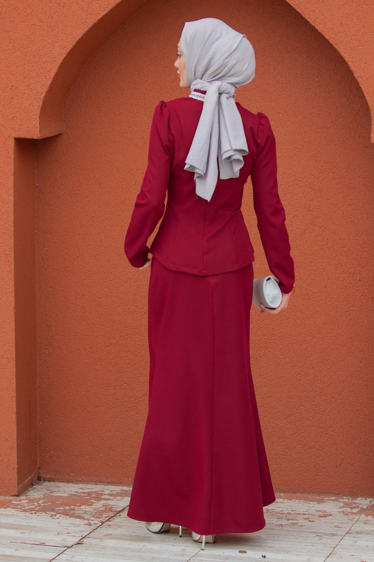 Low Fiyonk Etek Bluz Abiye Takım-Bordo