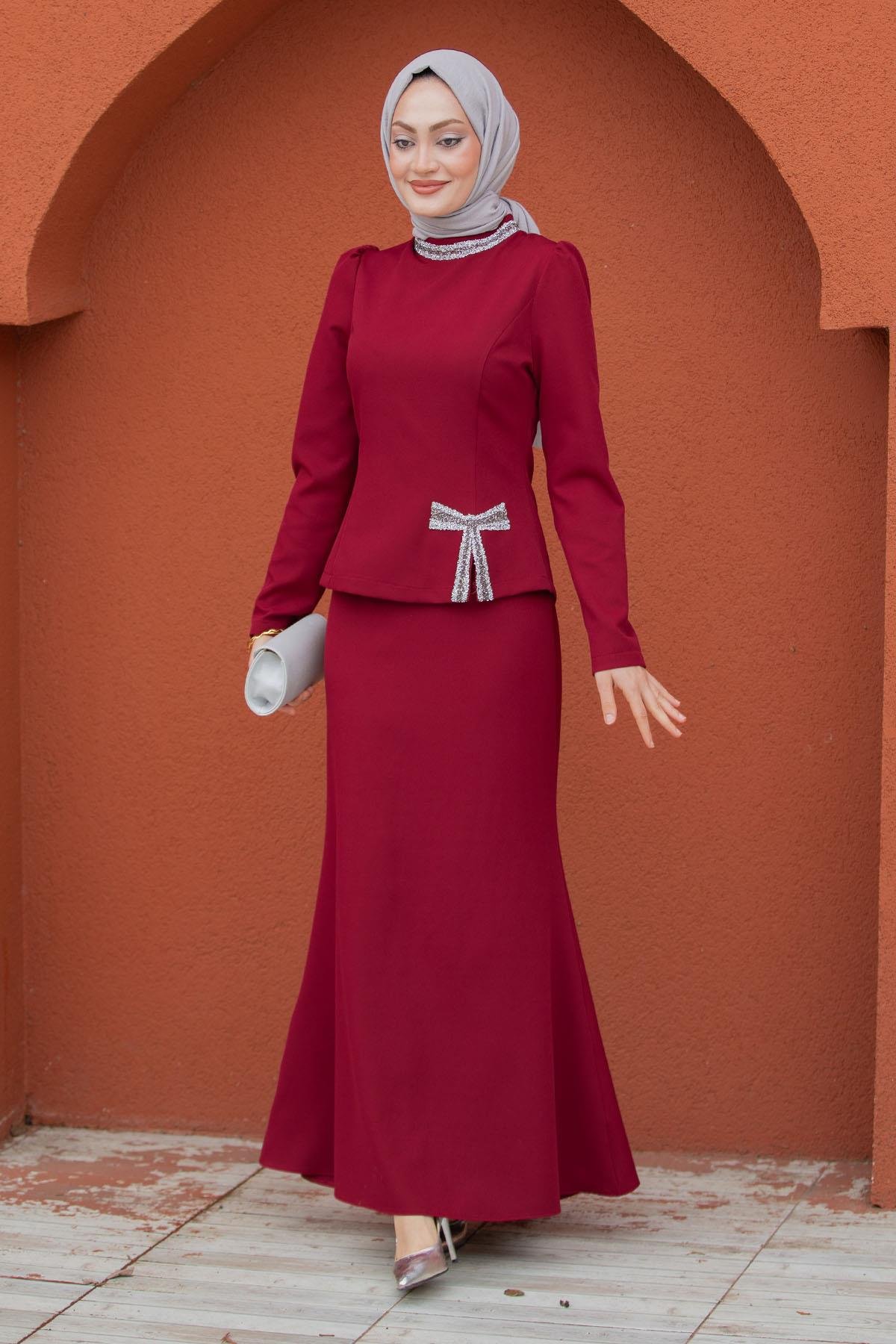 Low Fiyonk Etek Bluz Abiye Takım-Bordo