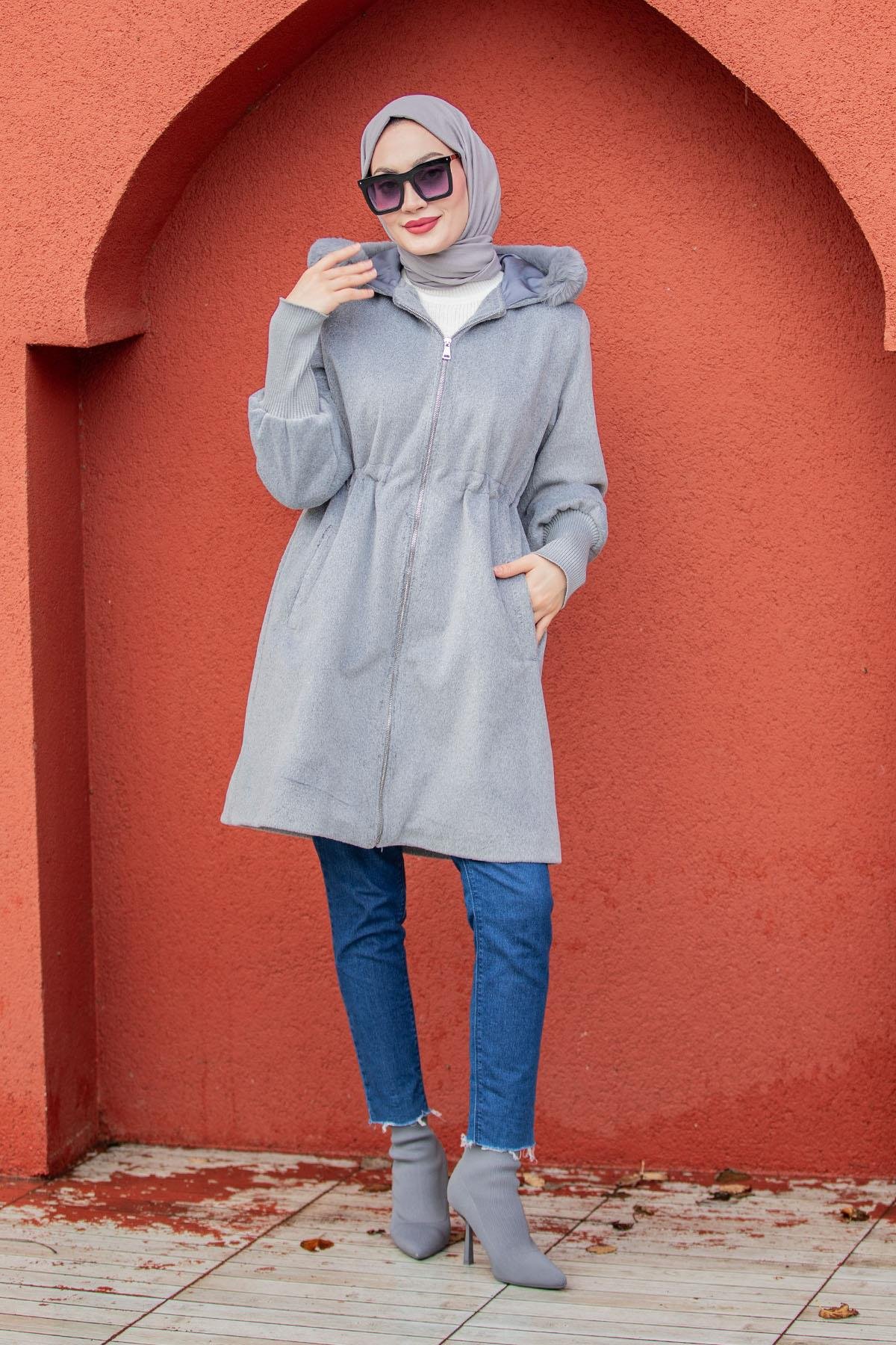 Lupi Kürk Kapşon İthal Angora Kaban-AçıkGri