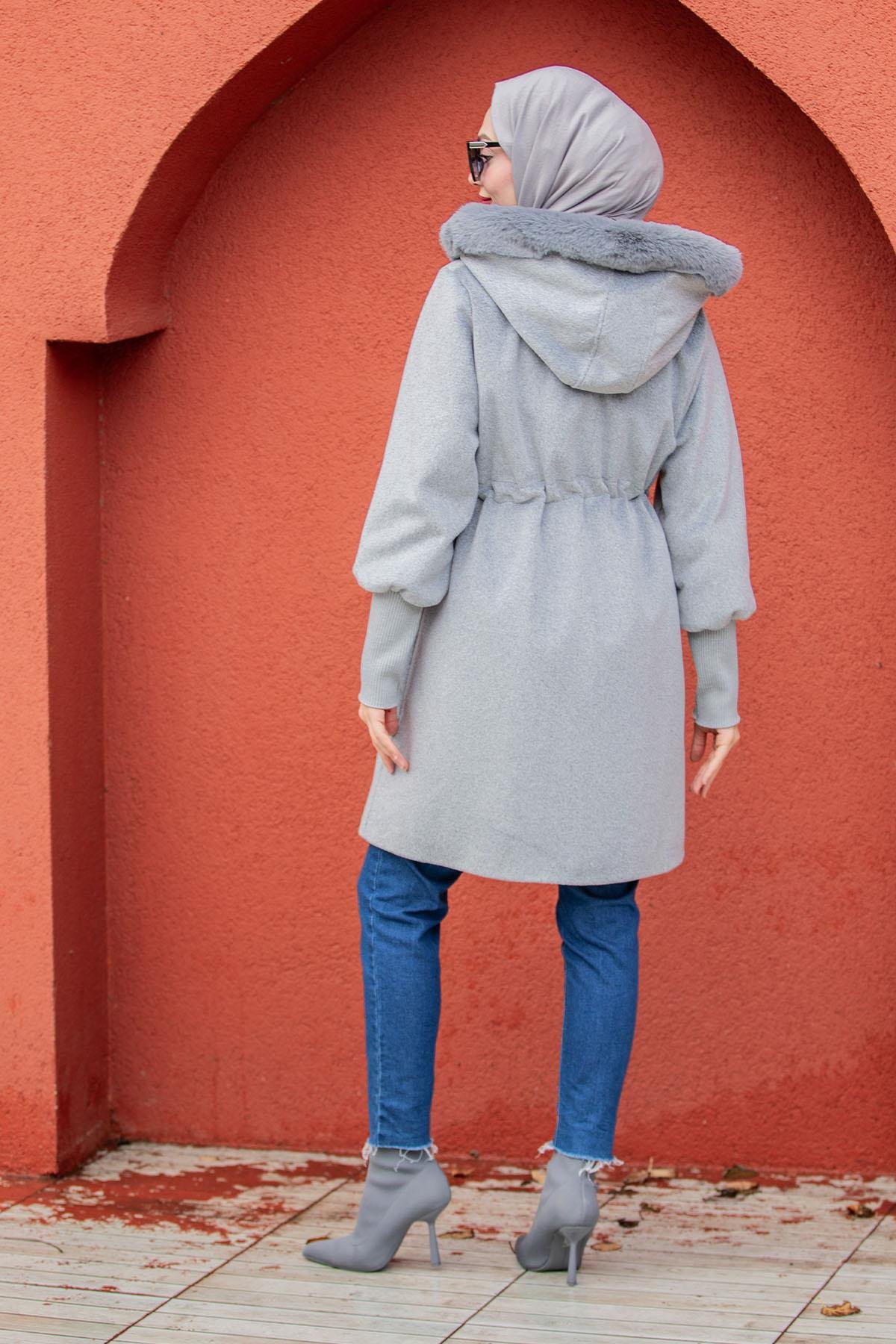 Lupi Kürk Kapşon İthal Angora Kaban-AçıkGri