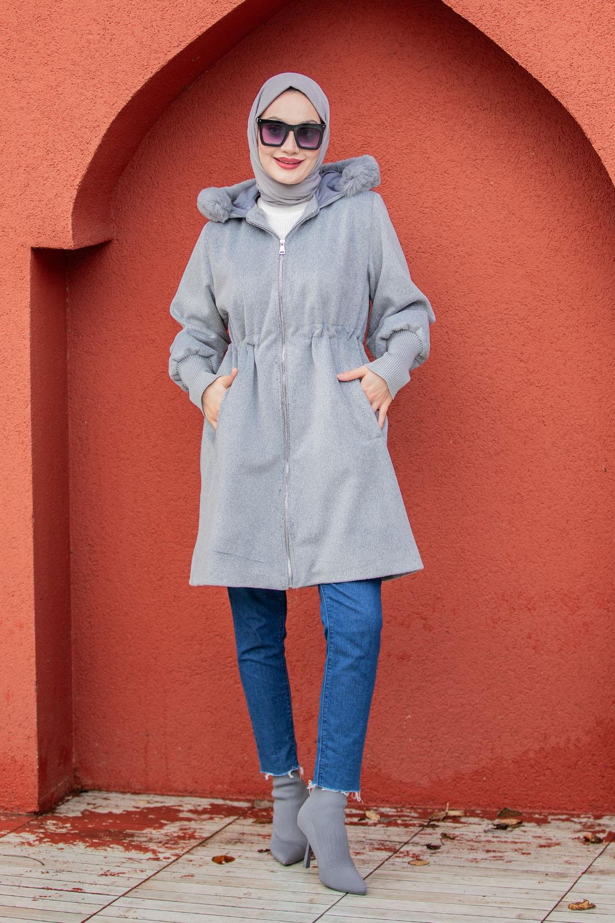 Lupi Kürk Kapşon İthal Angora Kaban-AçıkGri