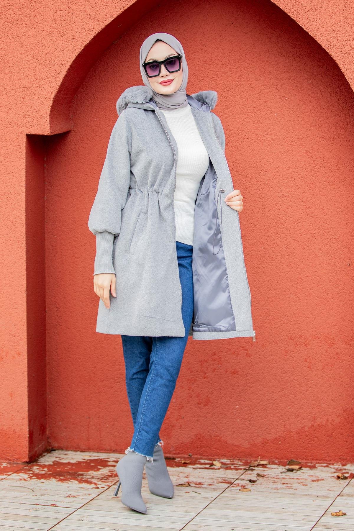 Lupi Kürk Kapşon İthal Angora Kaban-AçıkGri