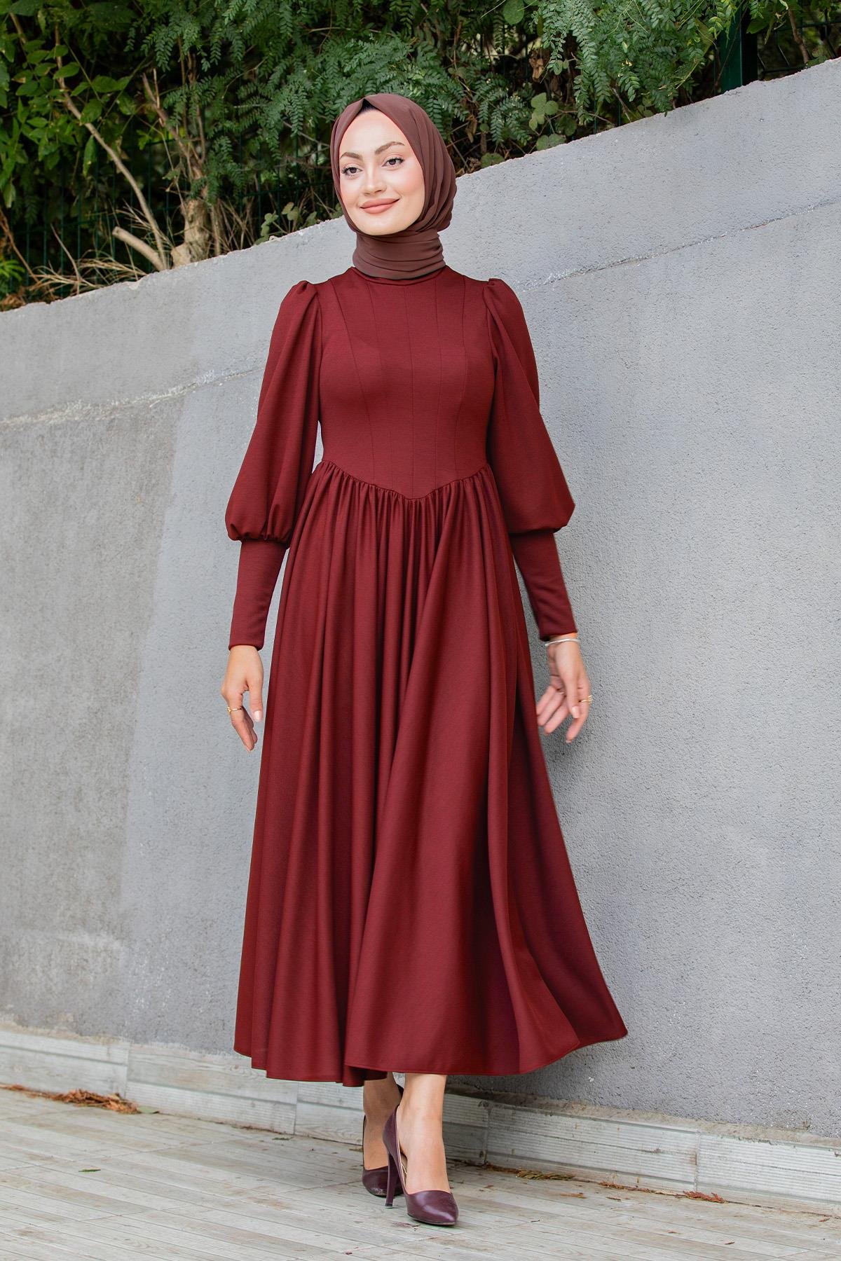 Madam Kuplu Tasarım Elbise-Bordo