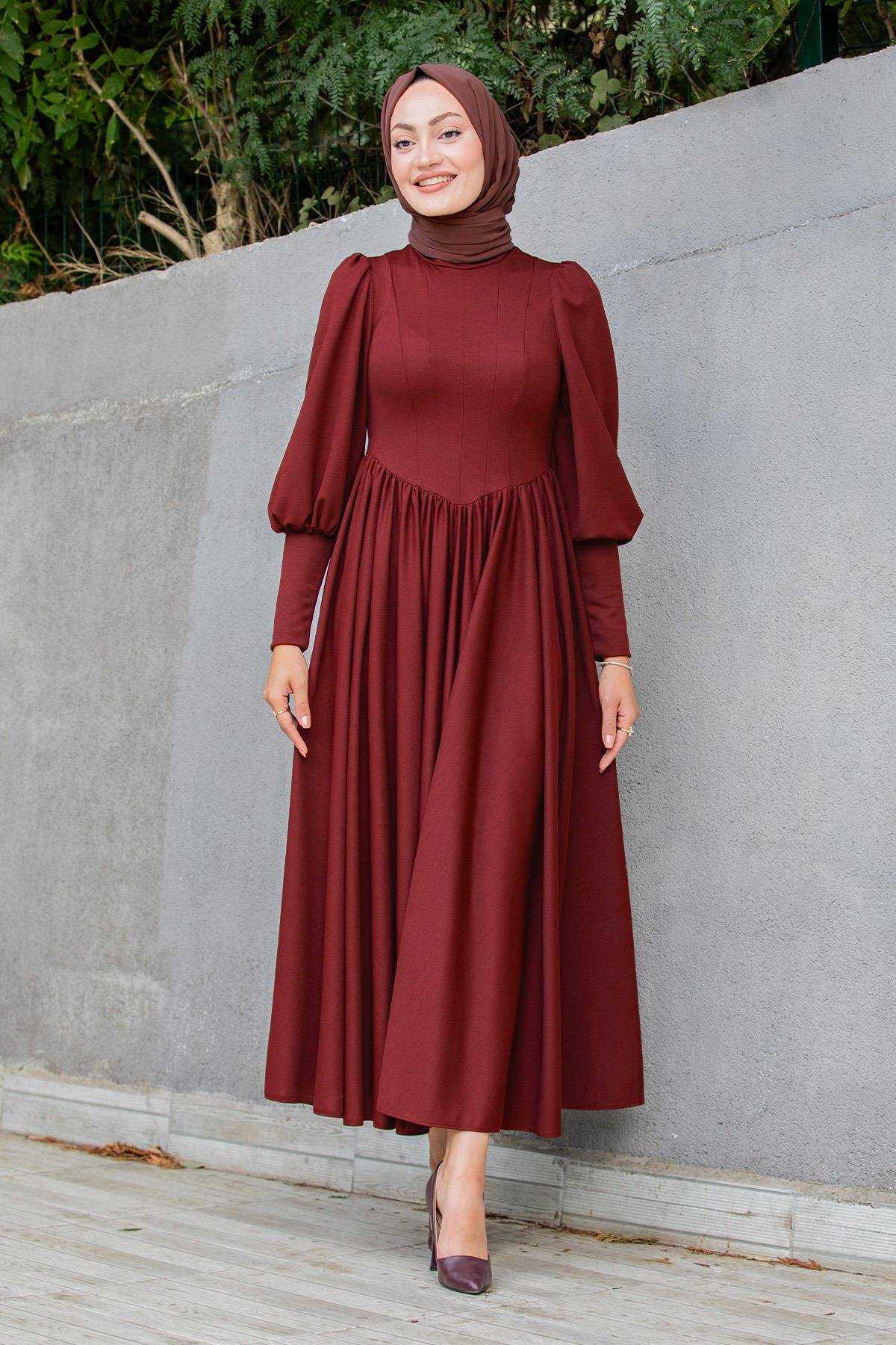 Madam Kuplu Tasarım Elbise-Bordo