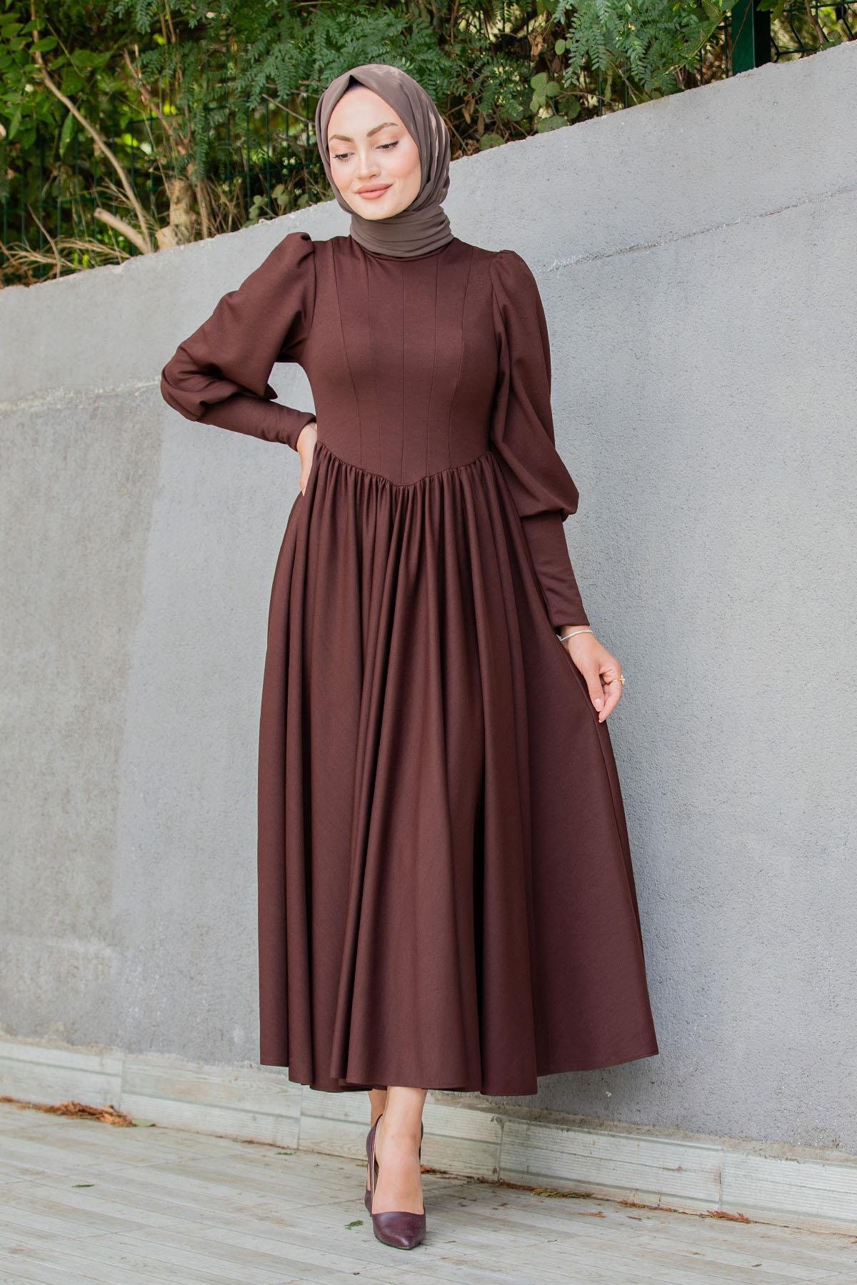 Madam Kuplu Tasarım Elbise-Kahve