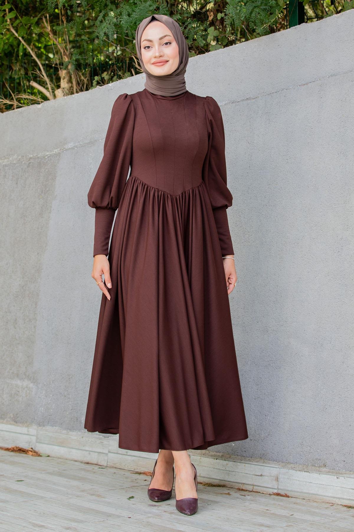 Madam Kuplu Tasarım Elbise-Kahve
