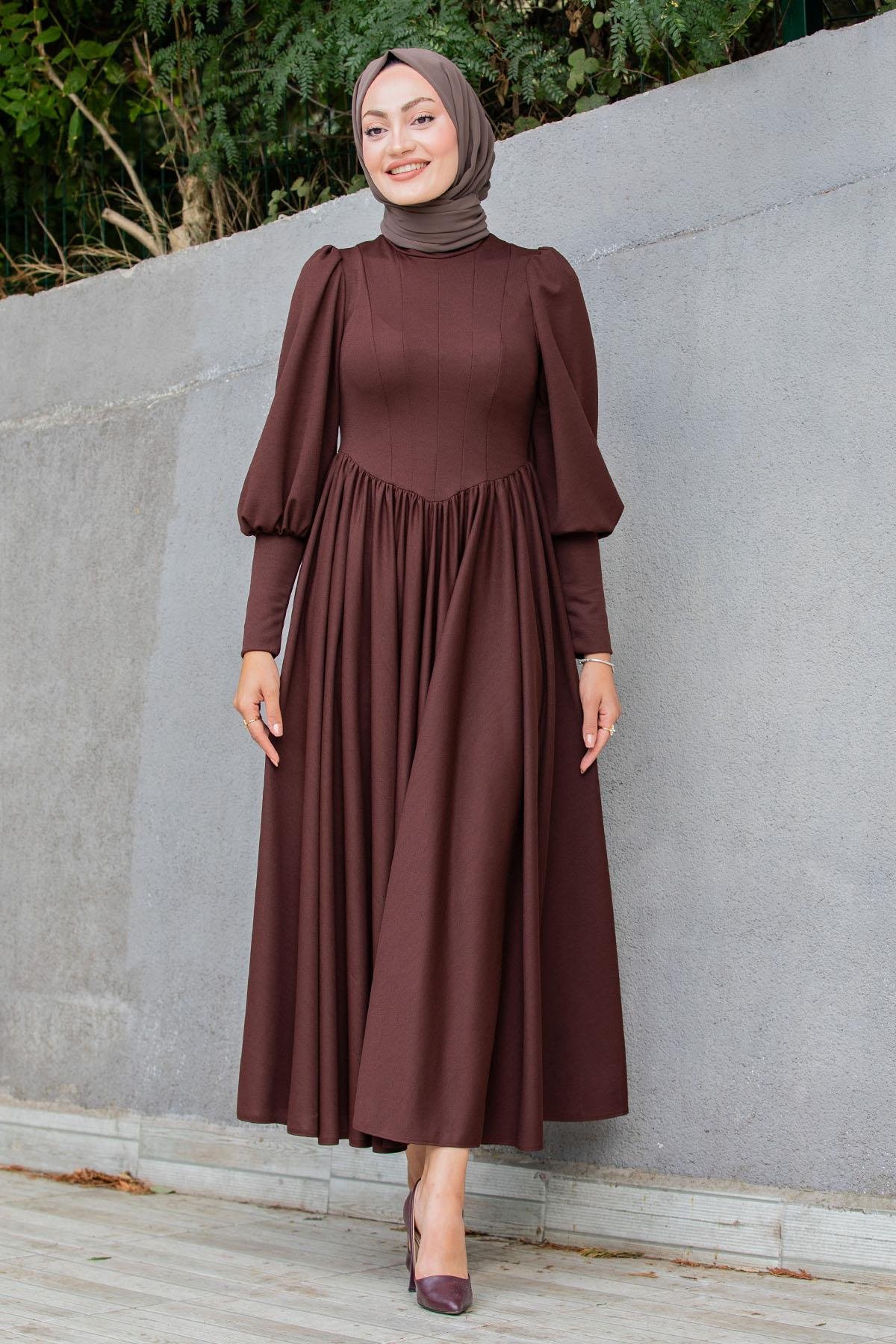 Madam Kuplu Tasarım Elbise-Kahve