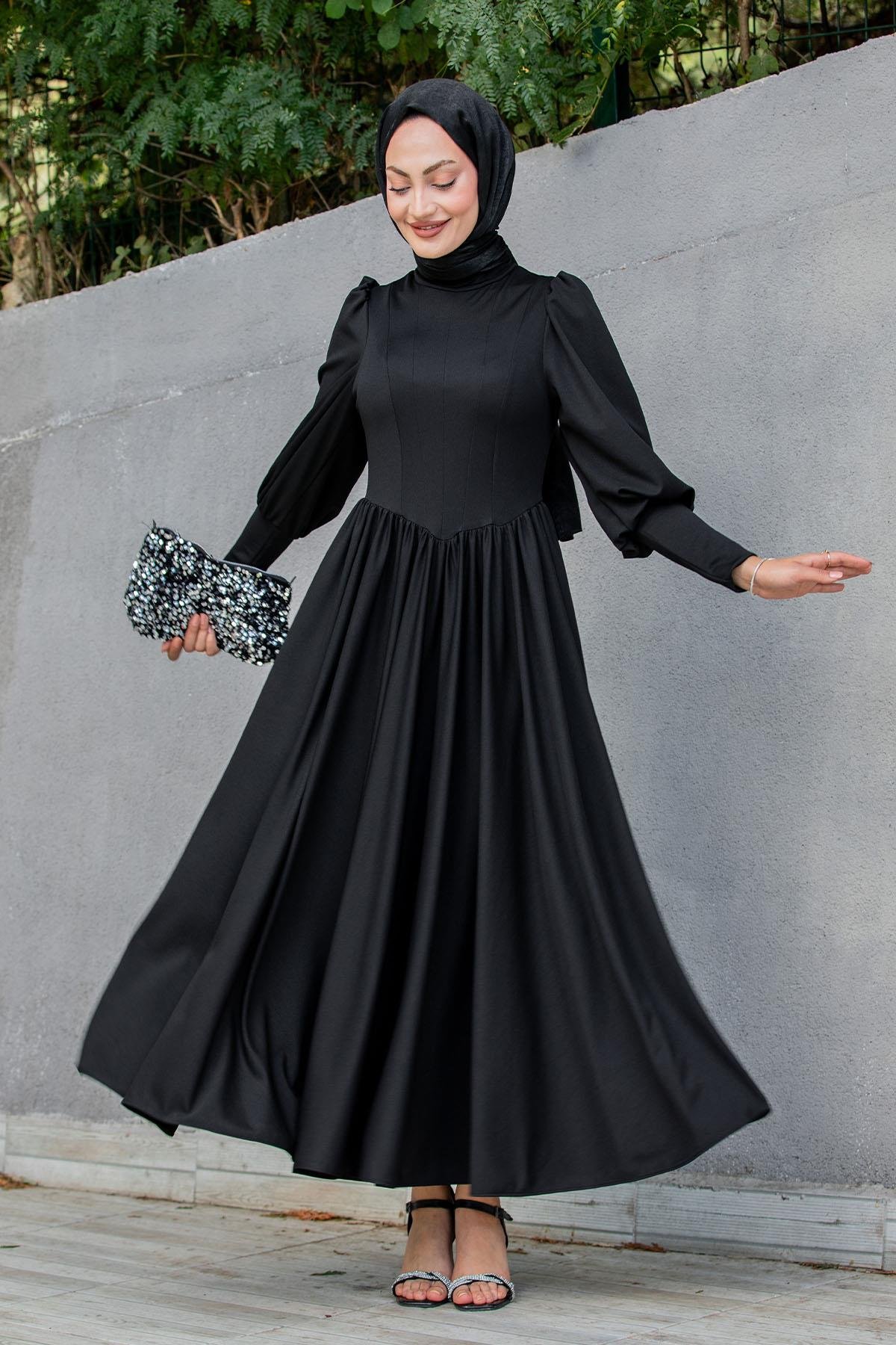 Madam Kuplu Tasarım Elbise-Siyah