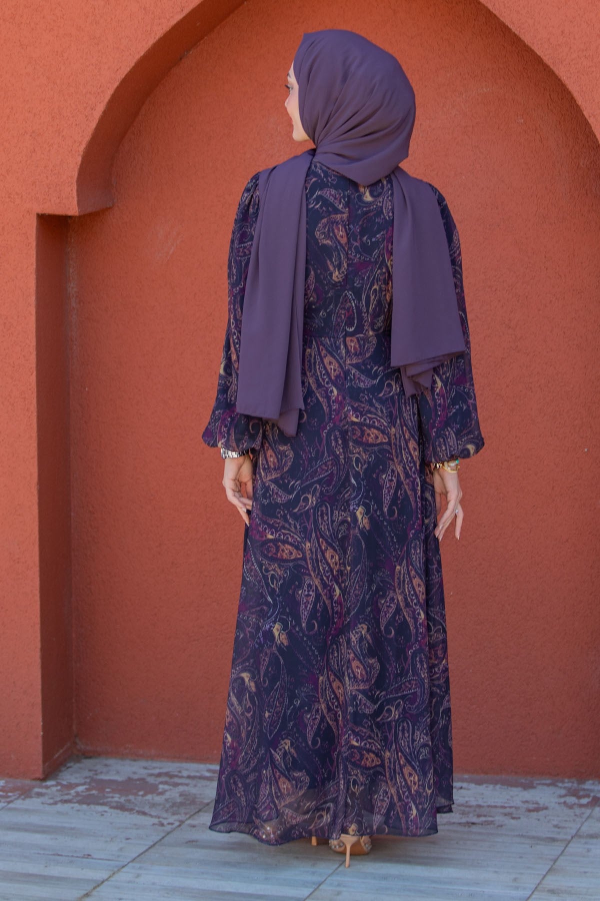 Many Desenli Şifon Elbise-Mor