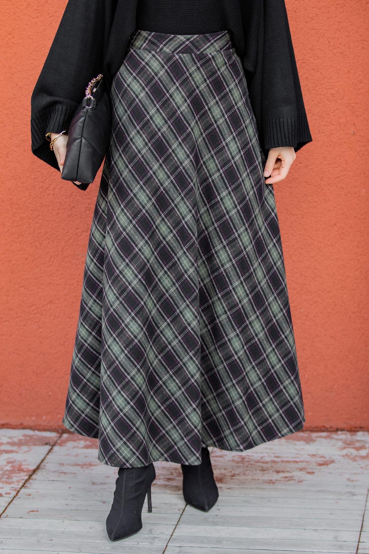 Minimal Ekoseli Evaze Etek-Haki