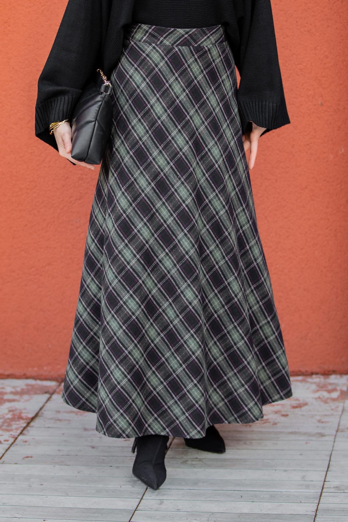 Minimal Ekoseli Evaze Etek-Haki