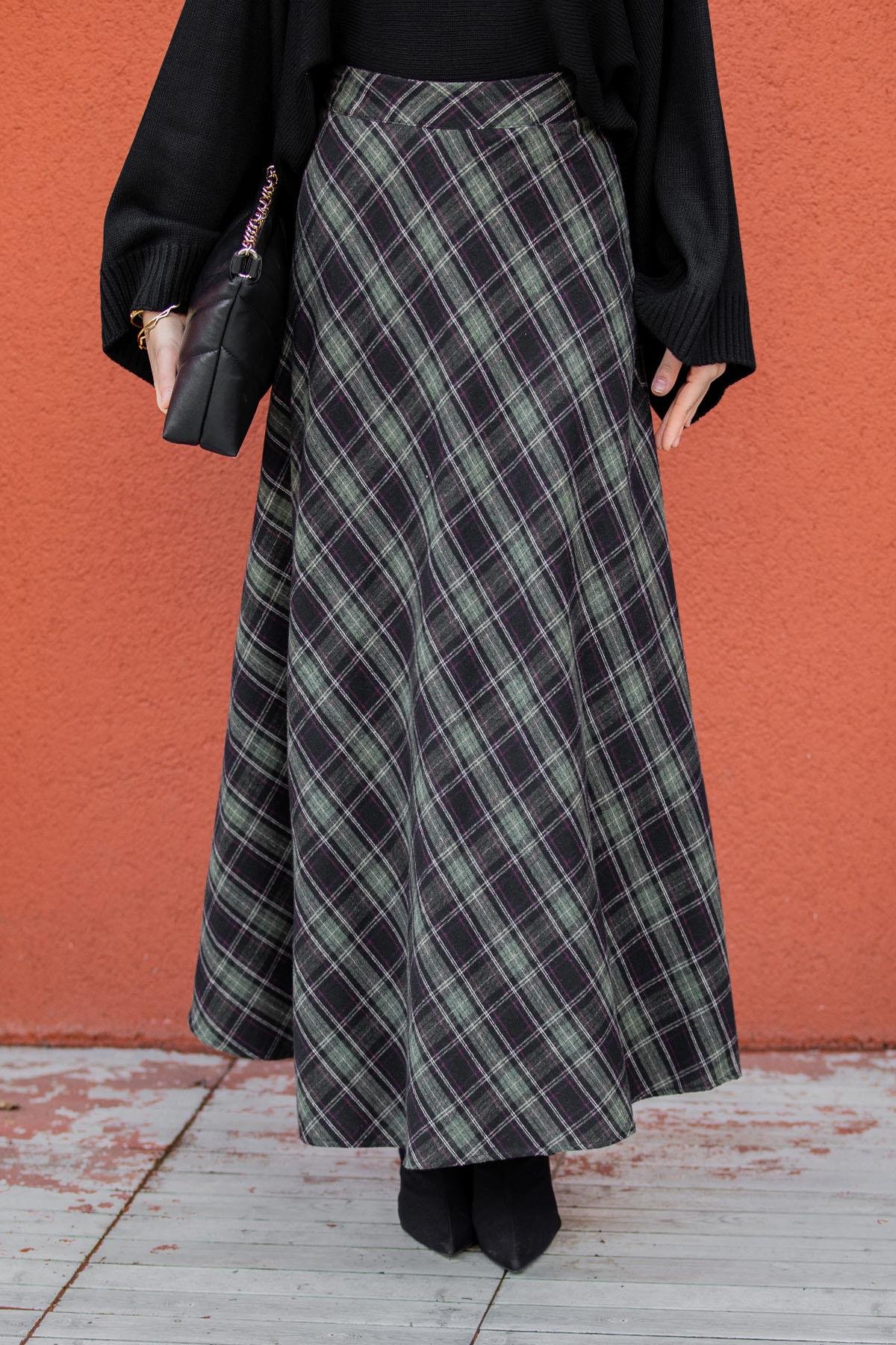 Minimal Ekoseli Evaze Etek-Haki