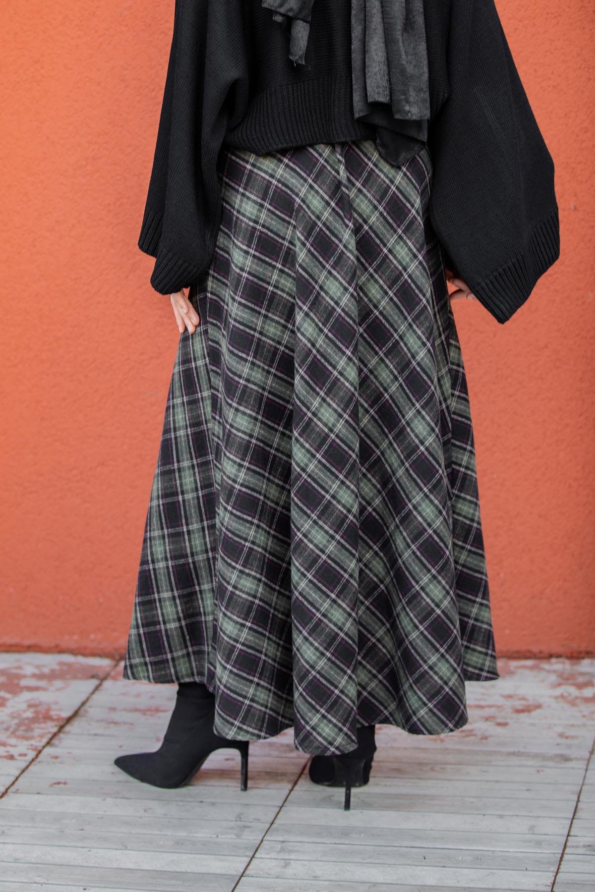 Minimal Ekoseli Evaze Etek-Haki